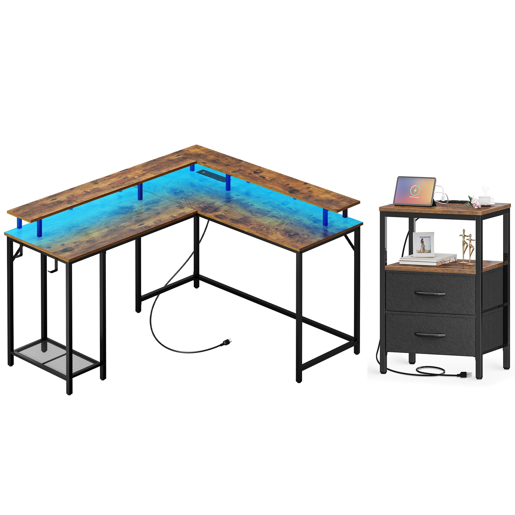 SUPERJARE L Shaped Gaming Desk with Power Outlets & LED Lights and Huuger Nightstand with Charging Station