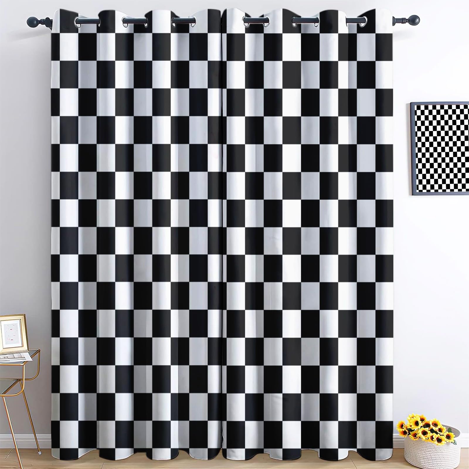 XCQHZYQ Curtains for Bedroom Living Room, Blackout Curtains Geometry Checkerboard Checkerboard Thermal Insulated Darkening Light Blocking Eyelet Drapes, Window Treatments, W52 x L63 inch, 2 Panels