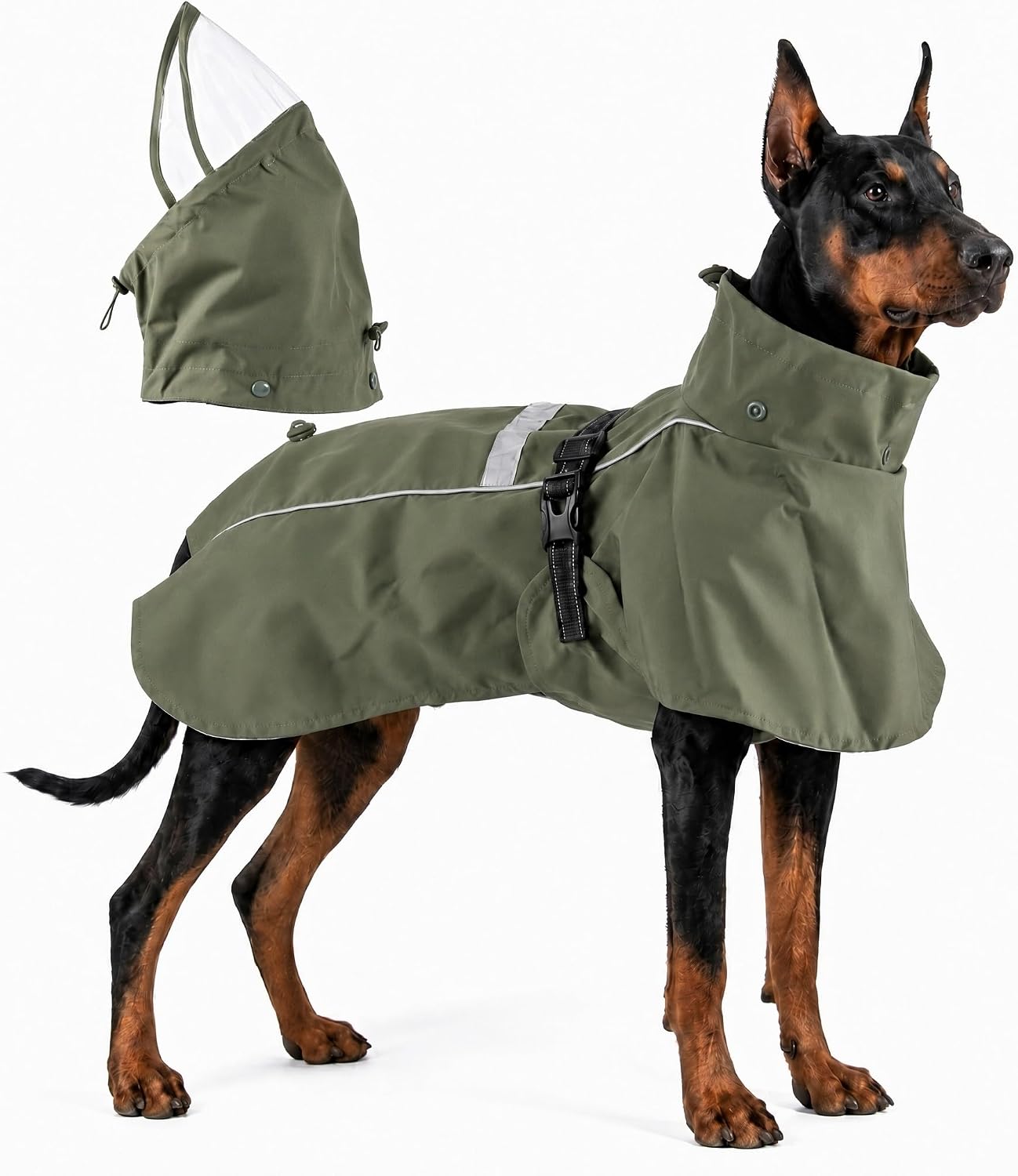 RYNVALE Dog Rain Coats for Large Dogs with Removable Hood | Washable, Breathable Windproof, Adjustable Strip, Leash Port, Reflective Full-Body Coverage (Green 6XL)