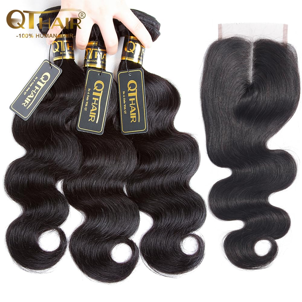 QTHAIR Brazilian Body Wave Hair Bundles with 4x4 HD Lace Closure(20" 22" 24"+18", Middle Part Closure) Brazilian Virgin Hair Body Wave with Swiss Lace Closure Natural Color Human Hair