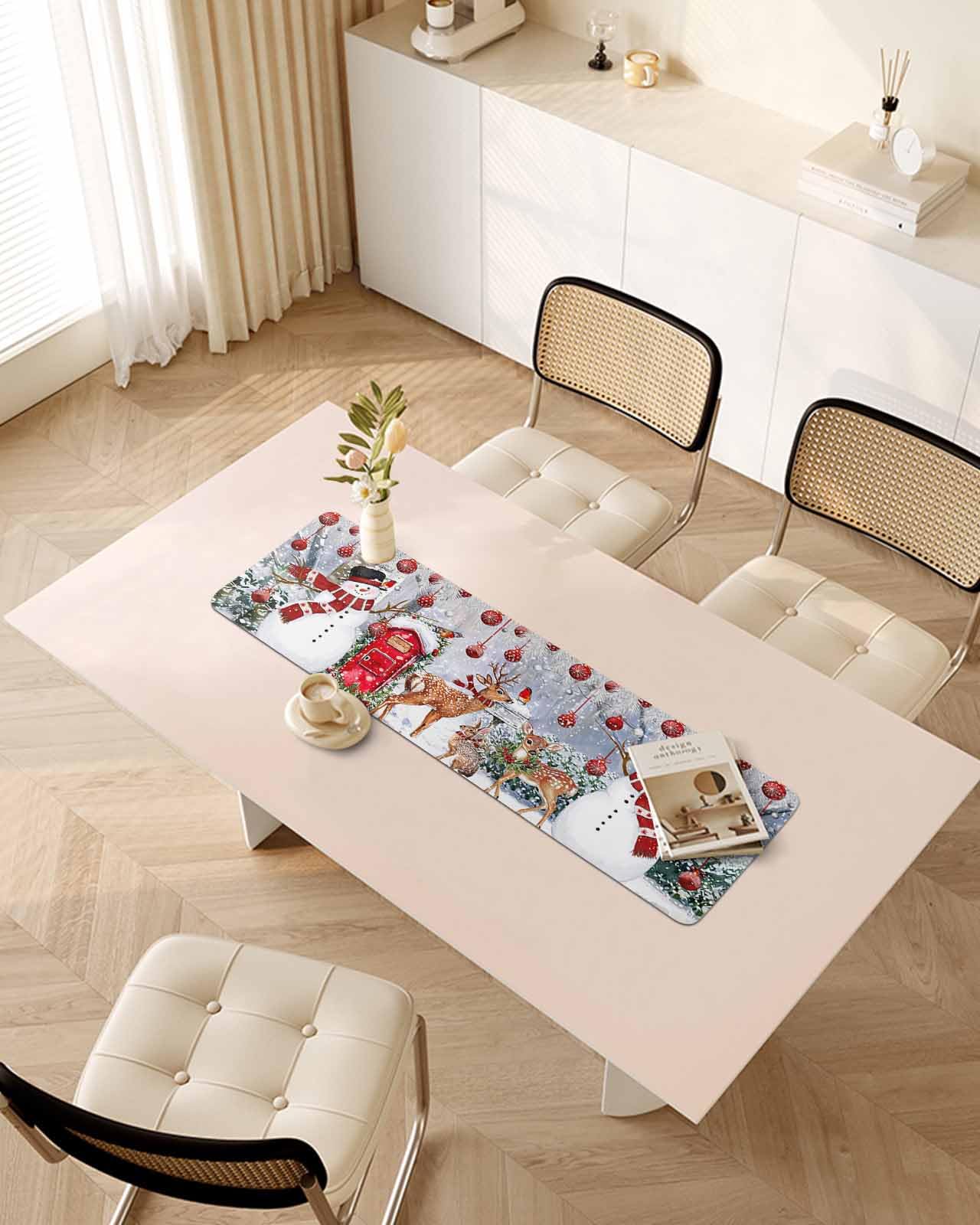 Debedcor Heat Proof Table Pads Waterproof Decorative, Christmas Snowman Non-Slip Table Countertop Protector, Winter Xmas Ball Elk Sliver Leaves Insulation Mat for Kitchen Room, 40 x 12 Inches