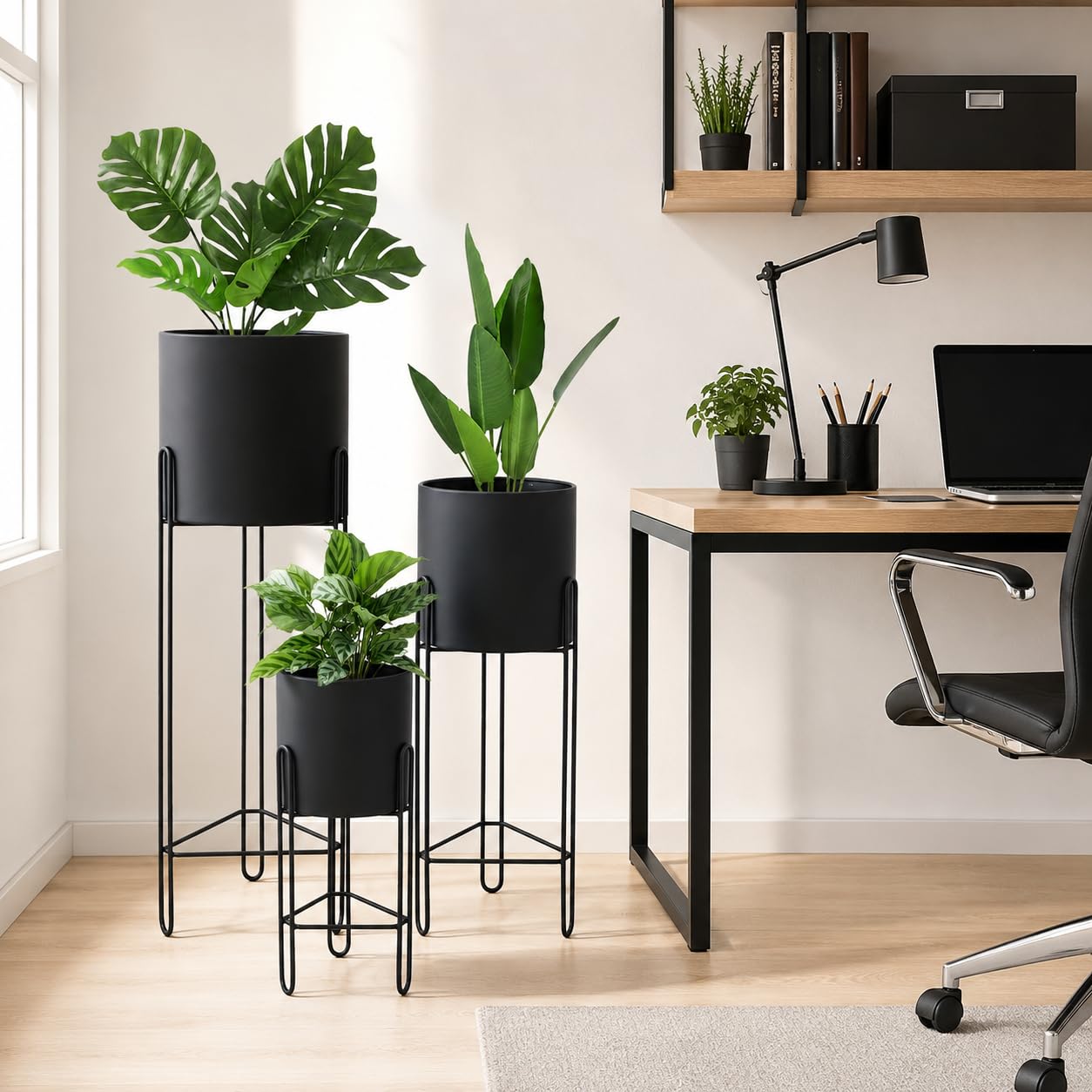 TRIROCKS Lot de 3 pots de fleurs avec support pour plantes d'intérieur de 73,7 cm, 45,7 cm et 30,5 cm pour salon, coin, cuisine, bureau, jardin, balcon, terrasse (noir)