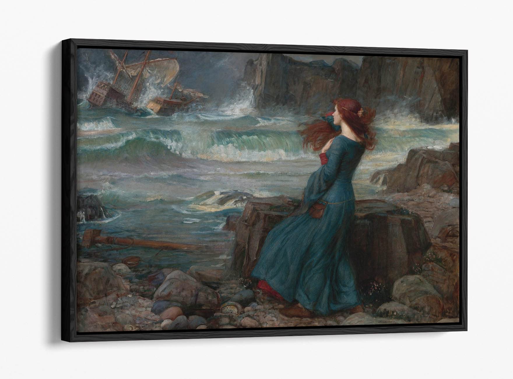 Canvasartshop Black - John William Waterhouse, Miranda The Tempest- Float Effect Framed Canvas Wall Art Picture Print (, 36X24)