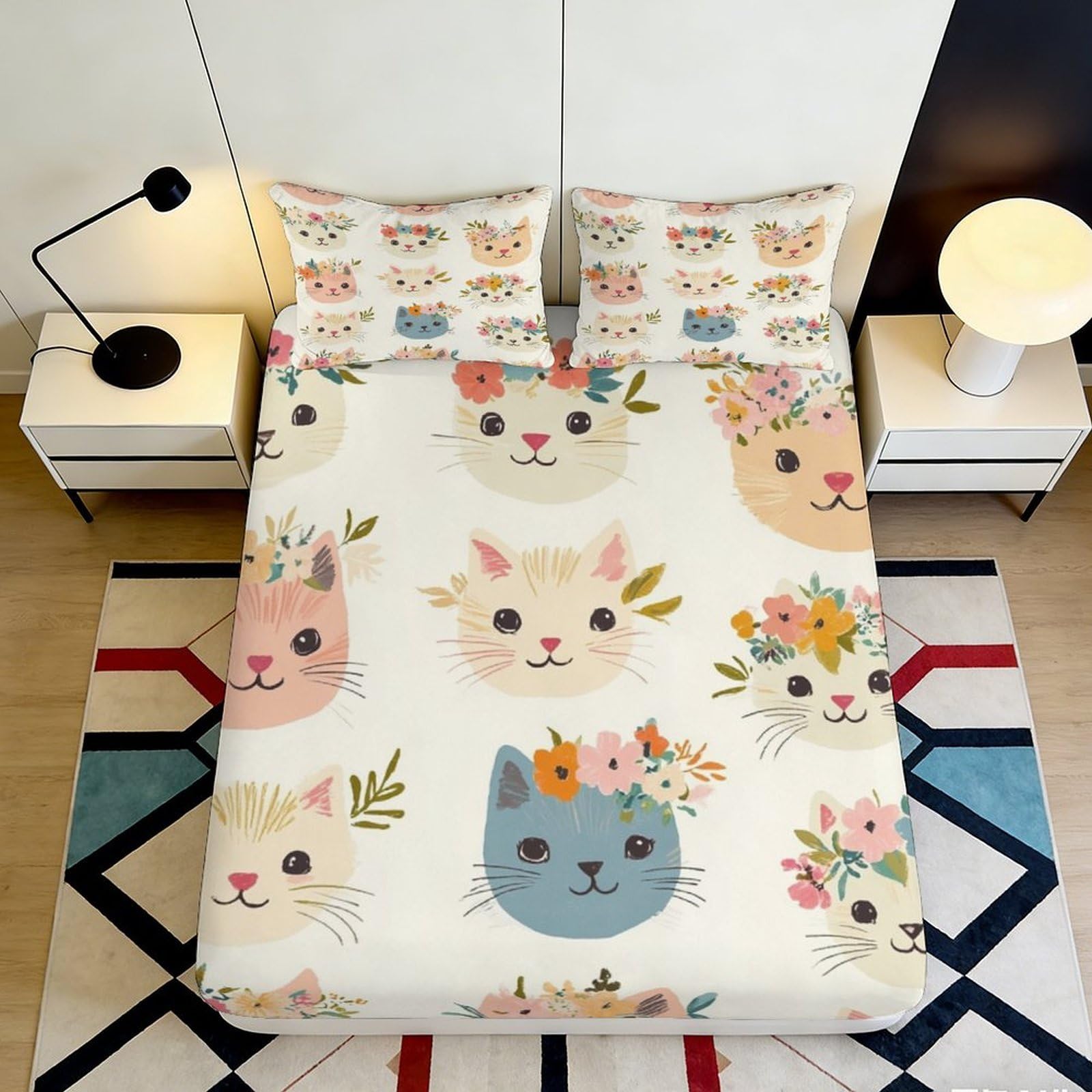 3D Printed Flower Cat Fitted Sheet Microfiber Soft Breathable Cartoon Kitten Mattress Cover Bedroom Dorm Decor 90x200x25cm