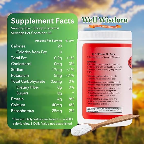 Glut Immune The Finest Glutamine Powder Dairy-Free 300g Well Wisdom, Naturally Superior Covalent Bonded Glutamine Supplement for Gut Health, Immune Focus & Recovery with 60 Servings