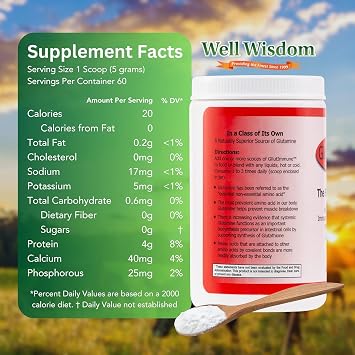 Glut Immune The Finest Glutamine Powder Dairy-Free 300g Well Wisdom, Naturally Superior Covalent Bonded Glutamine Supplement for Gut Health, Immune Focus & Recovery with 60 Servings