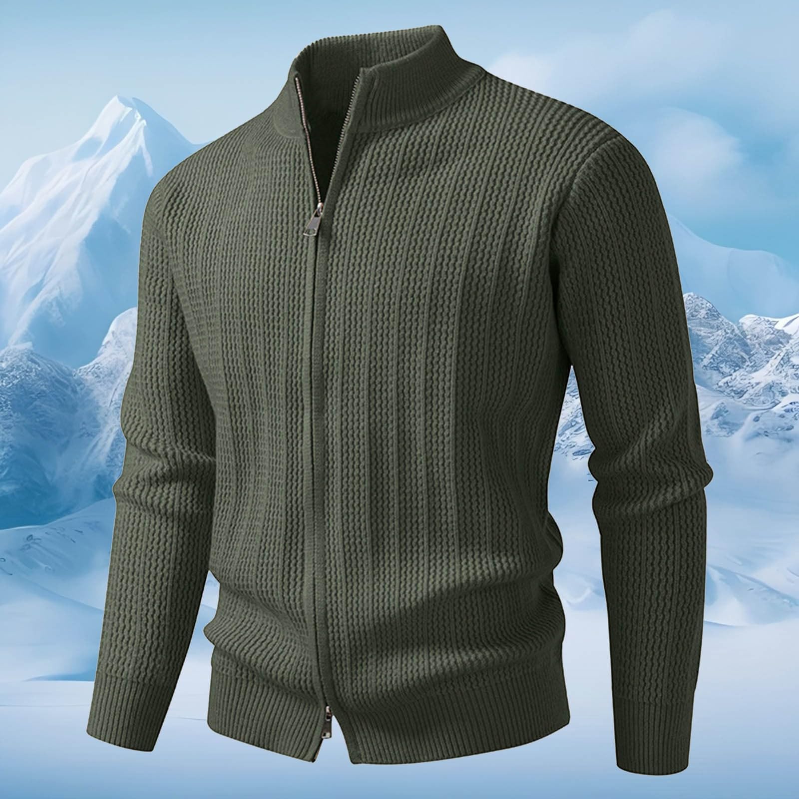 Suéter de punto informal de invierno con cremallera y cuello medio alto, cómodo y cálido, con forro polar, para clima frío.