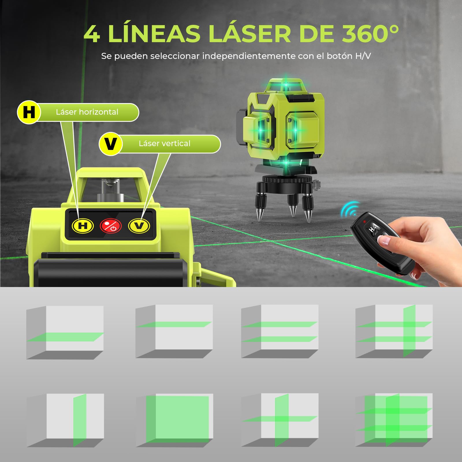 Nivel Láser Verde 360° – 16 Líneas, 4×360°, Autonivelante, Alta Visibilidad, 2 Baterías y Accesorios de Rotación, para Interiores y Exteriores