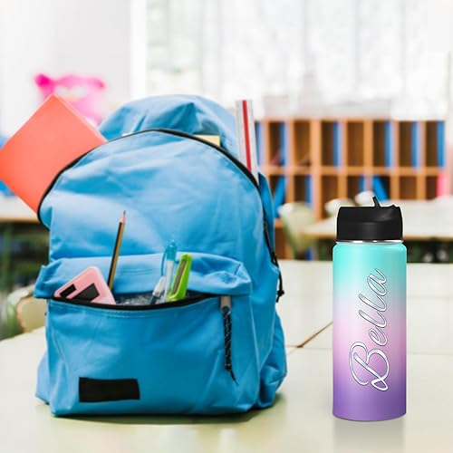 Miniatura 4 de Botella de agua aislada personalizada con asa y tapa de popote para niños, botellas de agua deportivas de acero inoxidable personalizadas de 18