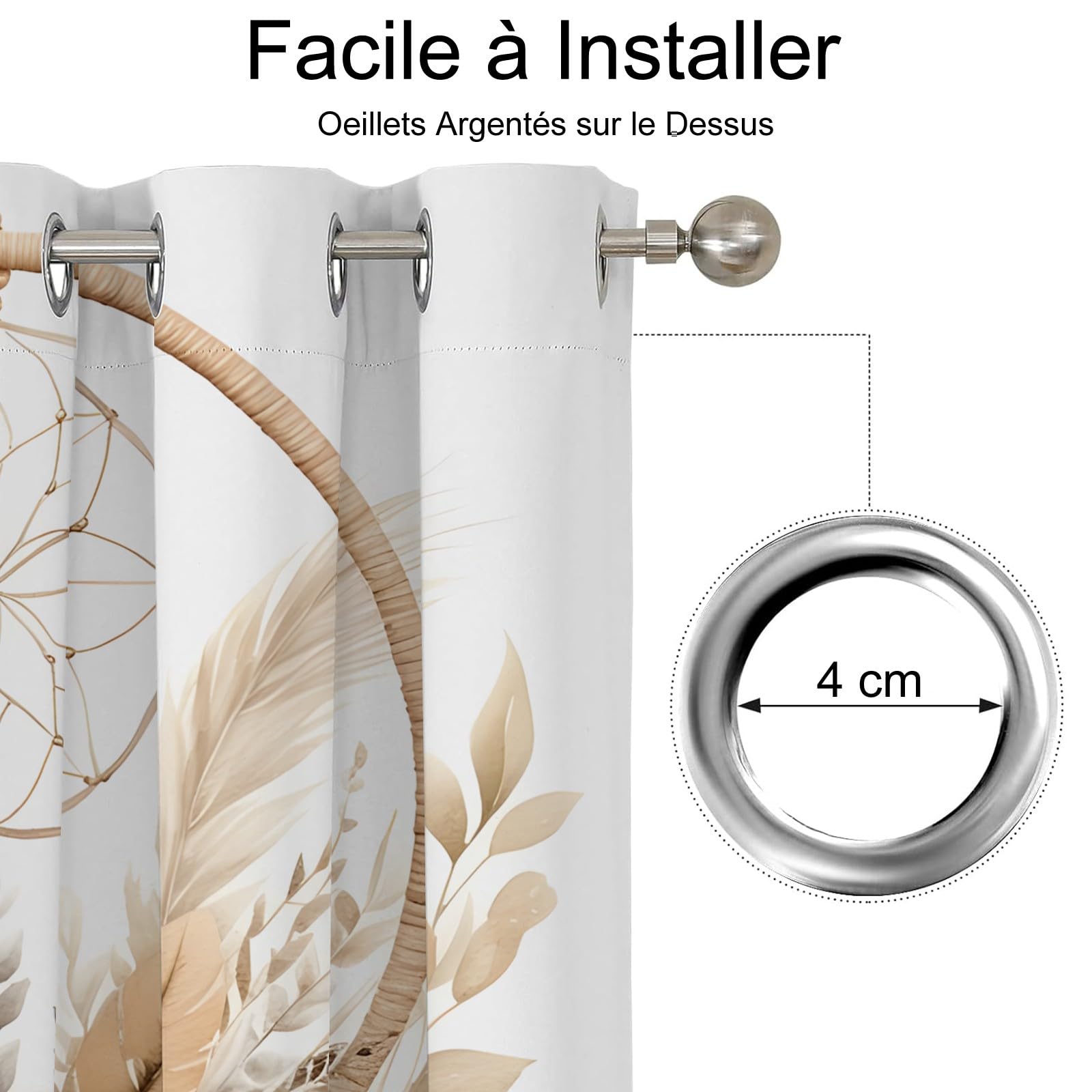 Rideau Occultant Motif Fleurs Brunes, Rideaux Blanc Marron 2 Pièces L 100 x H 240, Thermique Anti UV Tenture Opaque à Oeillets Bohême Decoration Chambre Maison Salon Intérieurs, A105