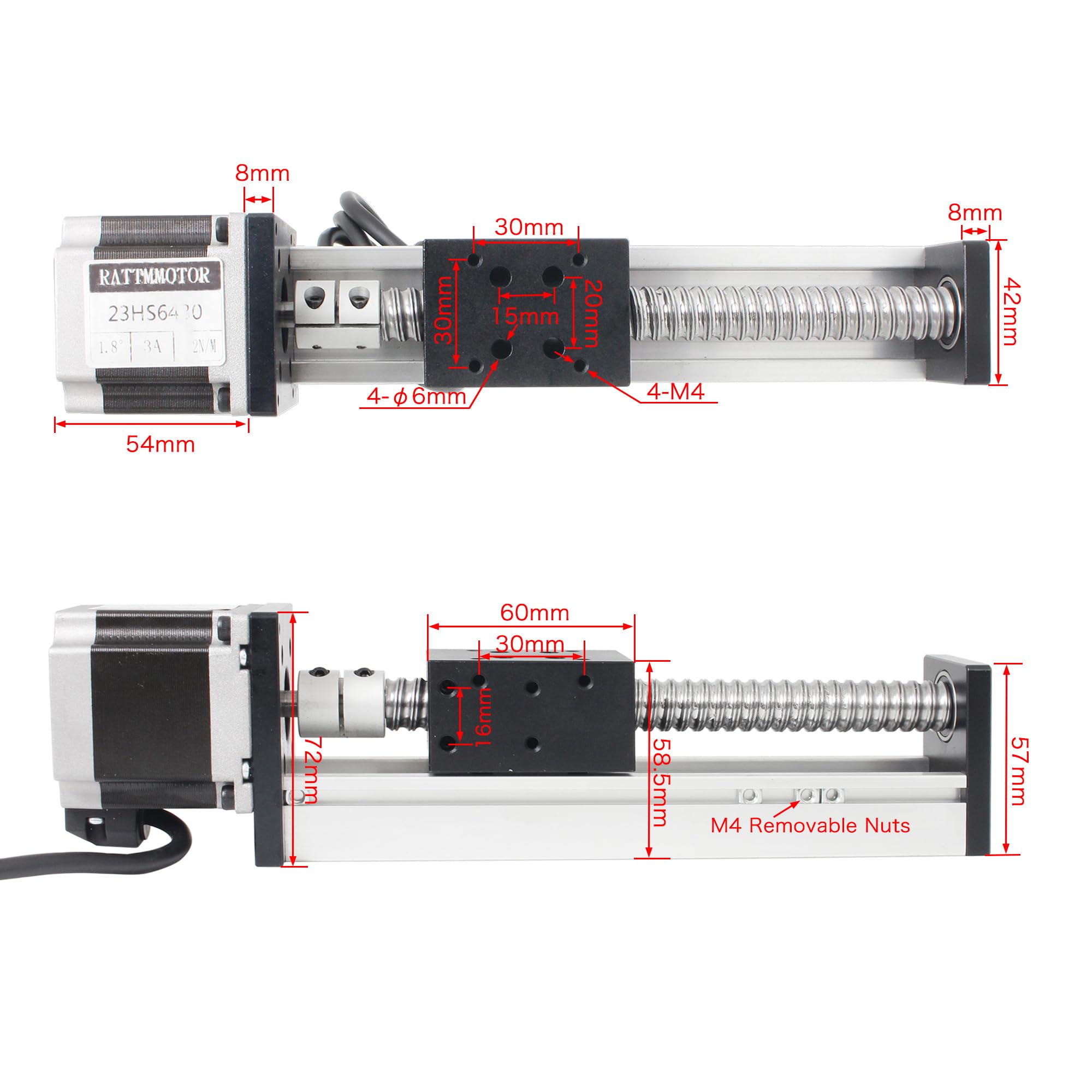 RATTMMOTOR Accionamiento lineal, 100 mm de recorrido, longitud lineal, guía de carril CNC, guía lineal de mesa, guía lineal SFU1605, husillo de bolas con motor paso a paso NEMA23