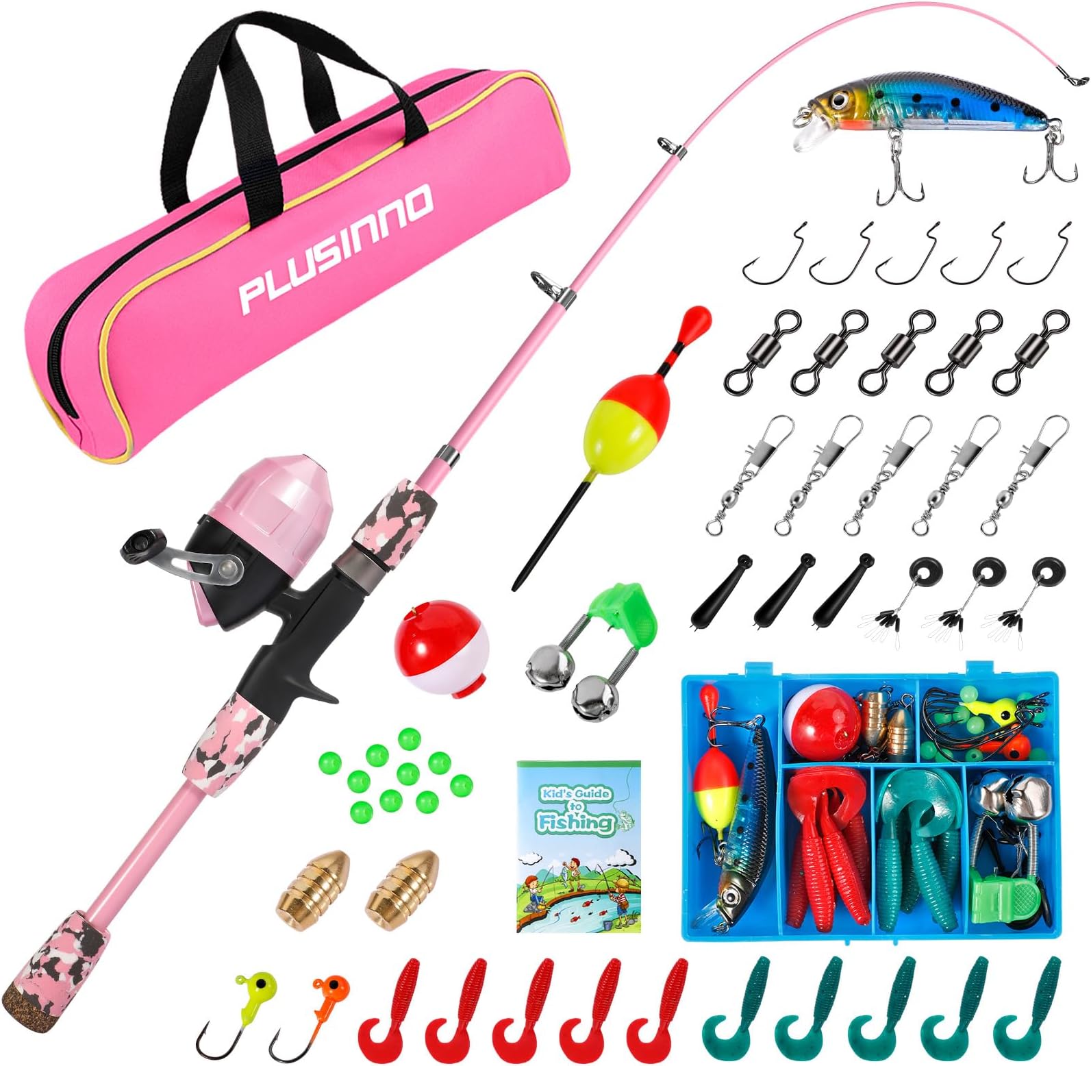 PLUSINNO Kids Fishing Pole with Spincast Reel Telescopic Fishing Rod Combo Full Kits for Boys, Girls, and Adults