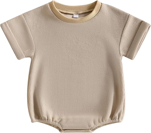 Ropa de verano unisex para bebé, niño y niña, de manga corta, mameluco de punto gofre, con cuello redondo