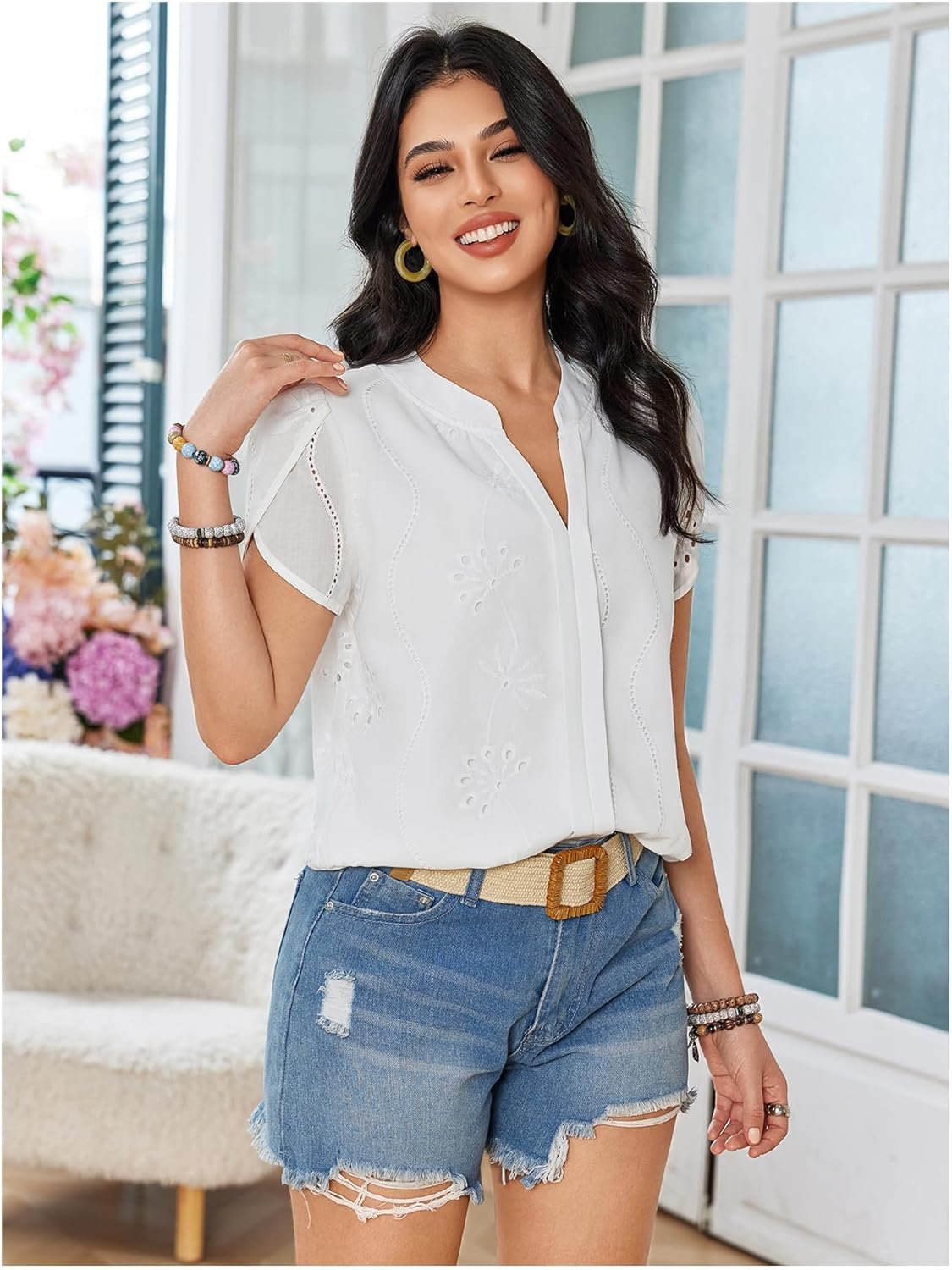 SweatyRocks Women's Embroidered Eyelet Tops Floral Summer Puff Sleeve Dressy Casual Blouses V Neck T Shirt - Image 6