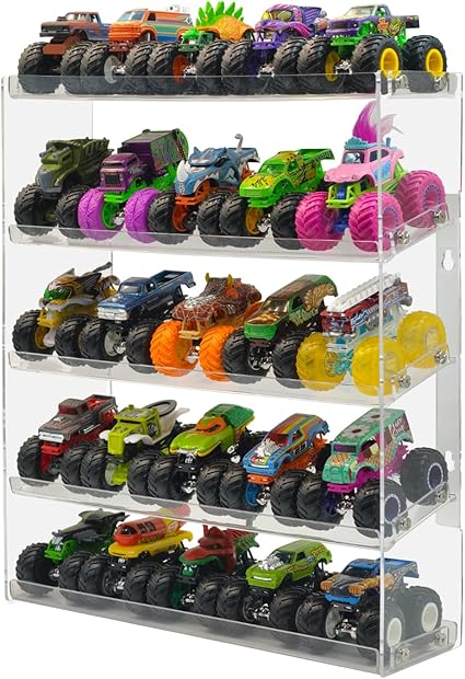 AAiphuwew Acrylic Monster Trucks Display Case - Holds Up to 25 Car Collectibles, Clear 5 Tiers Toy Truck Cars Display Storage Organizer Tire Shelf