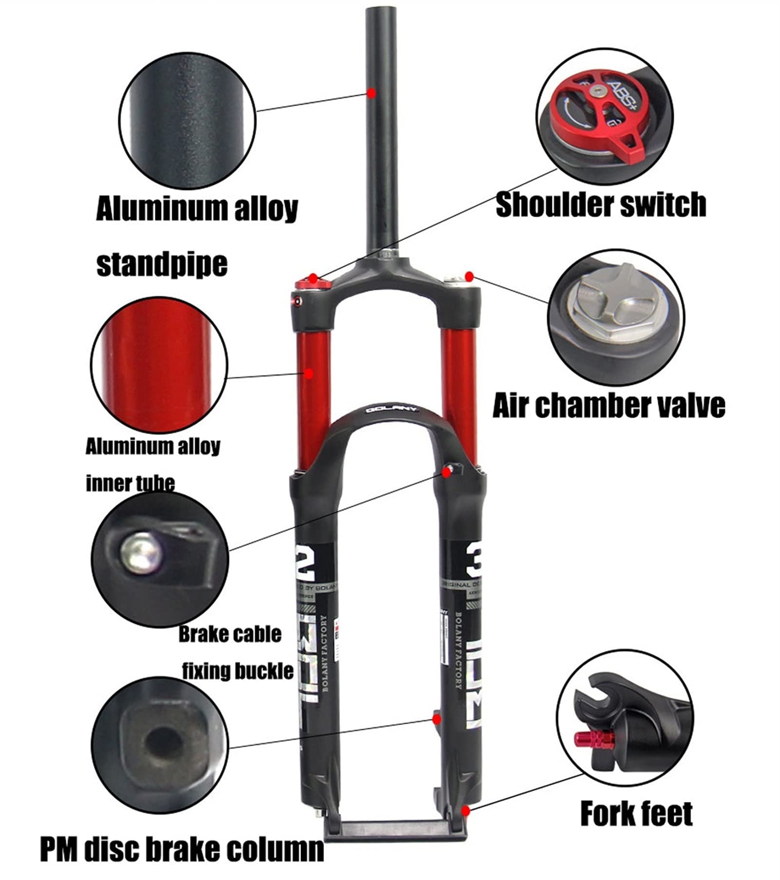Horquilla de suspensión MTB 26/27.5/29 con 100 mm de Recorrido, Tubo Recto de 28.6 mm, Cierre rápido QR de 9 mm, Doble cámara, Corona de aleación de Aluminio para Bicicleta de Mont