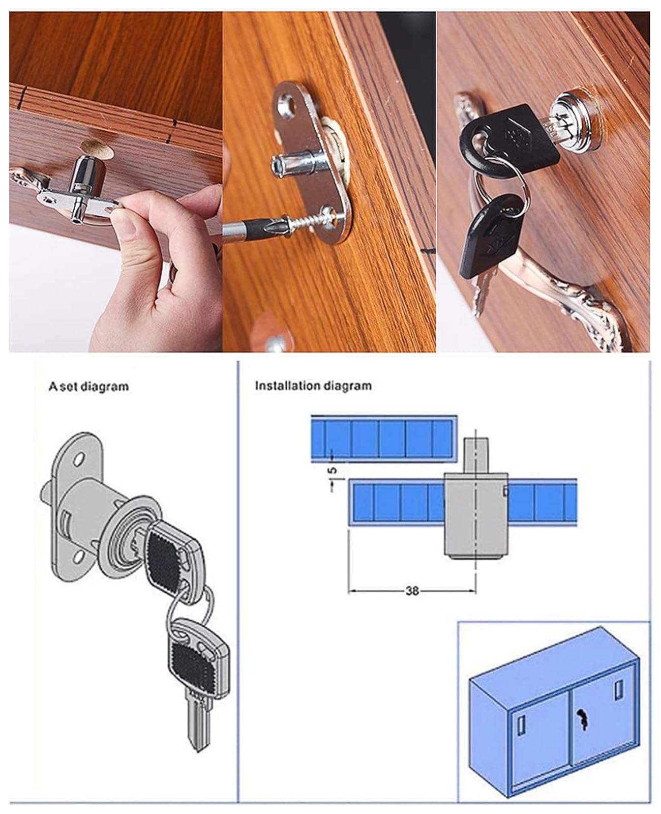 Slot voor laden en kasten met sleutels, 3 stuks bureaukast, kast, deurslot van zinklegering voor kast, meubels, etalages, 18 mm