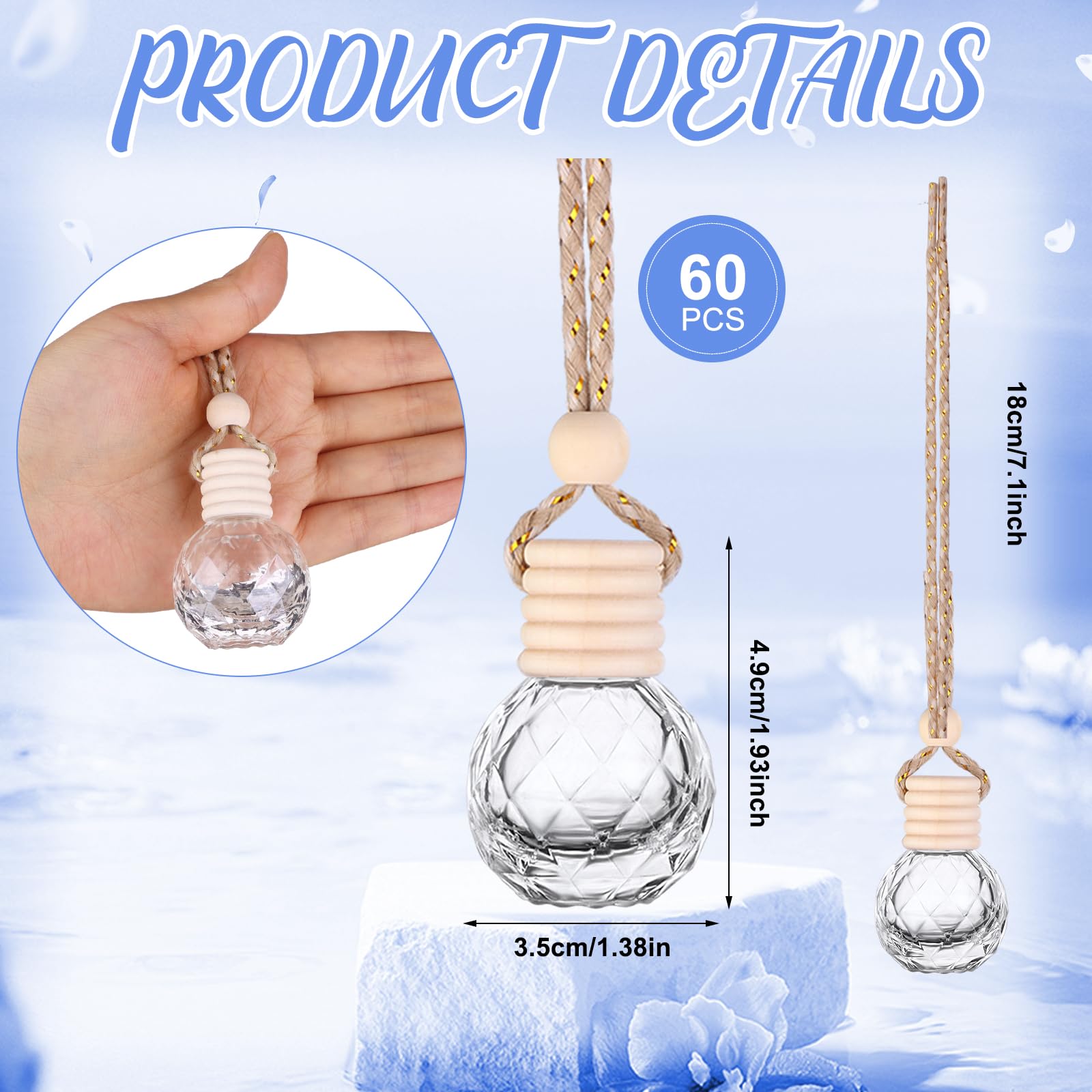 60 Stück Auto-Lufterfrischer zum Aufhängen, leere Glas-Parfüm-Flaschen, Lufterfrischer, Diffusor-Flasche, Anhänger für ätherische Öle, Duft, Aromatherapie, Ornament, Dekoration (runder Diamant)
