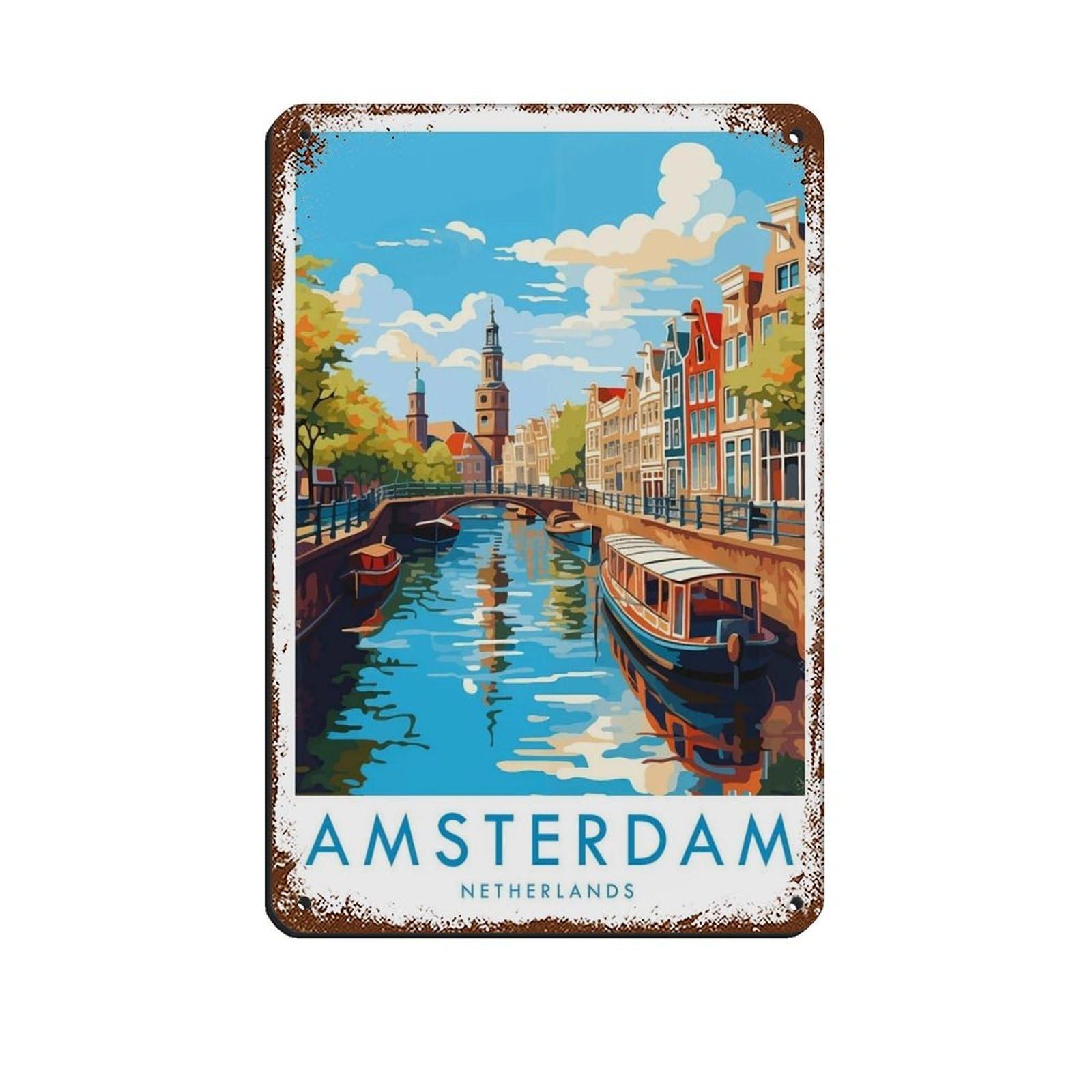 Amsterdam Travel, Netherlands（8） Retro Poster Metal Tin Sign Chic Art Retro Iron Painting Bar People Cave Cafe Family Garage Poster Wall Decoration 8x12inch(20x30cm)