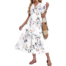 AUSELILY Summer Dresses for Women UK V Neck Maxi Dresses Ladies Ruffle Short Sleeve Swing Casual Long Beach Dress with Pockets