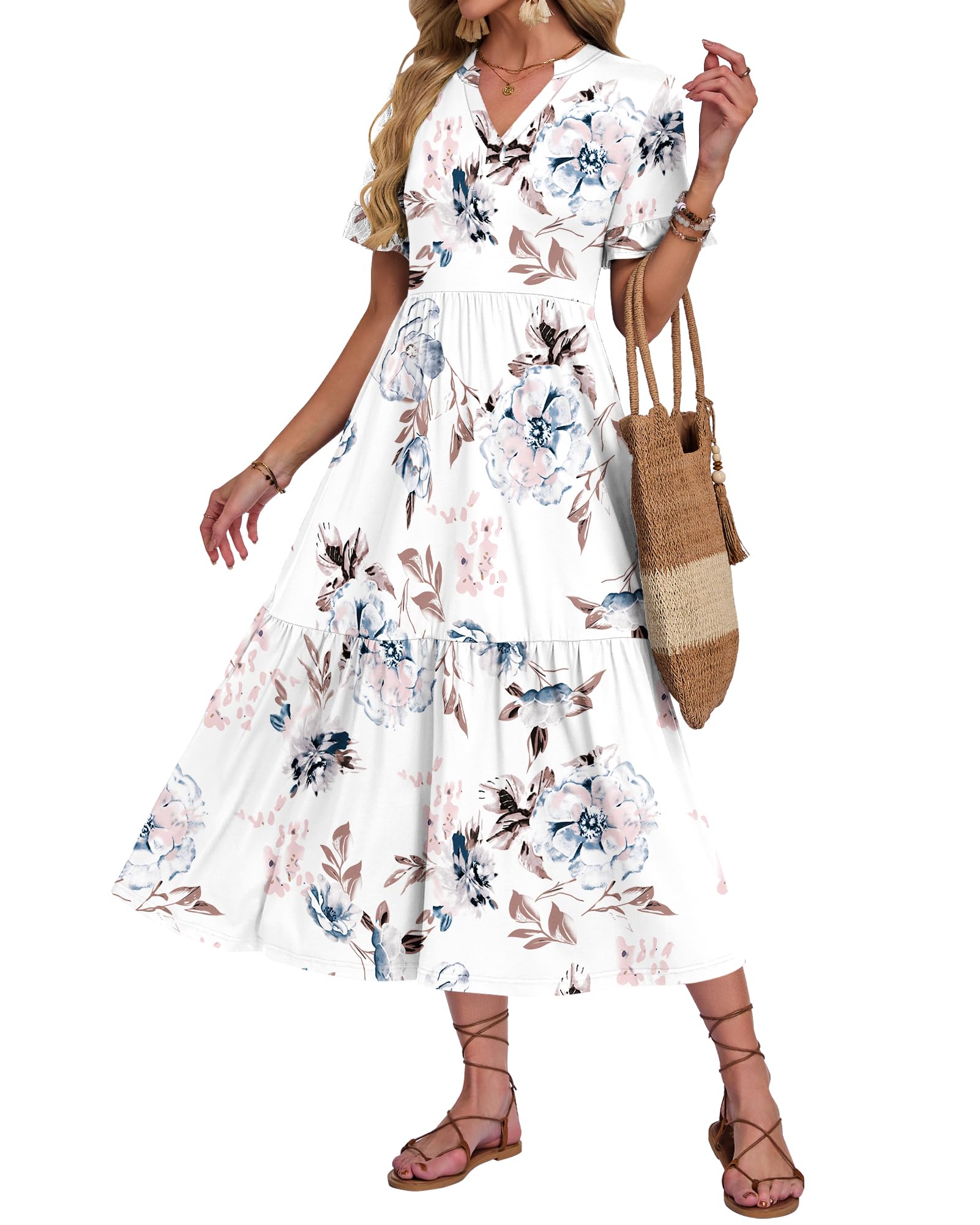 AUSELILY Sommerkleid Damen Lang V Ausschnitt Maxikleider Damen Sommer Rüschen Kurzarm Strandkleid mit Taschen Elastischer Taille