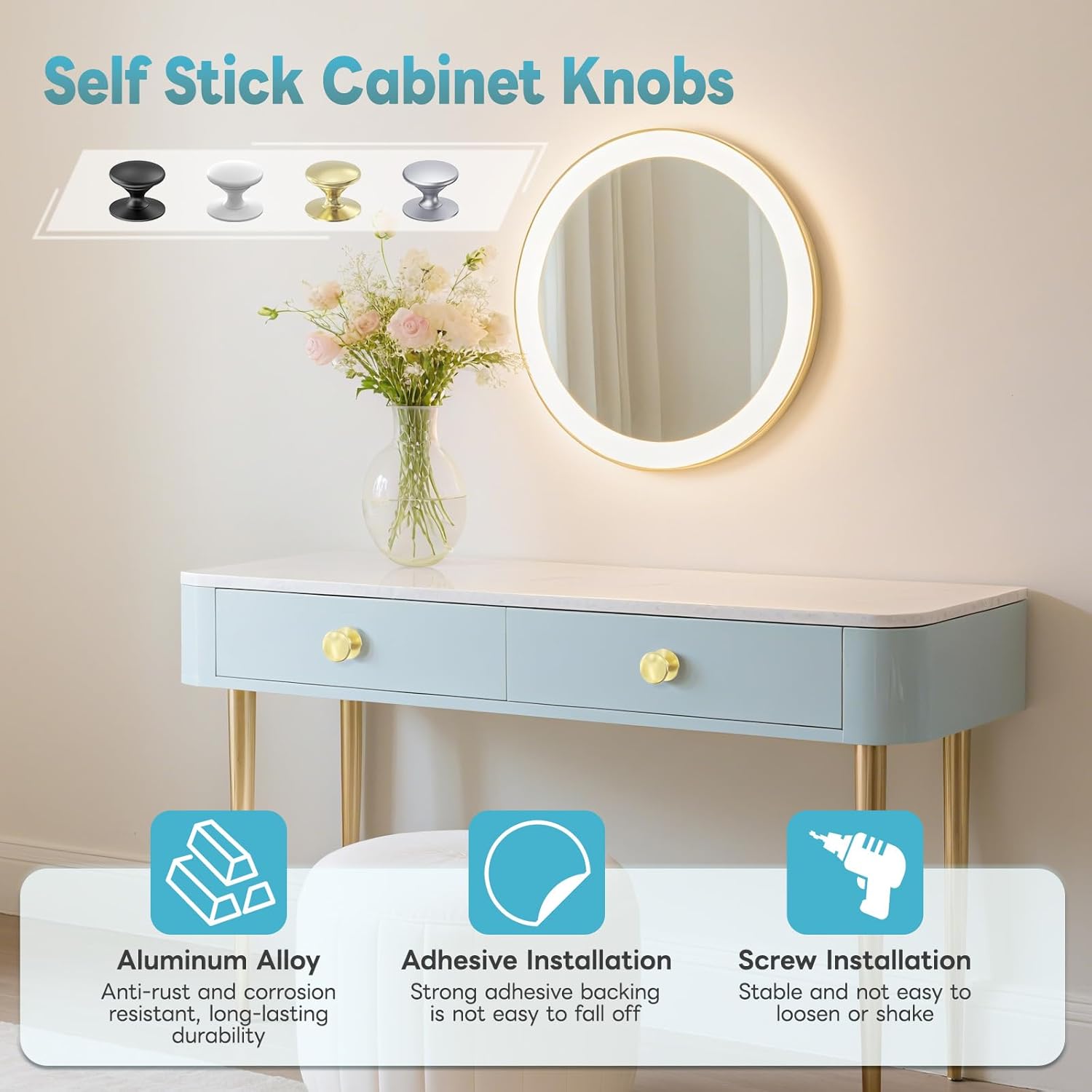 Self Adhesive Cabinet Knobs, Aluminum Alloy Self-Stick Drawer Pull Handles for Sliding Glass Door, Cabinet, Cupboard, Dresser, Closet, Window - Stick On No-Drilling Drawer Knobs (4, Gold)