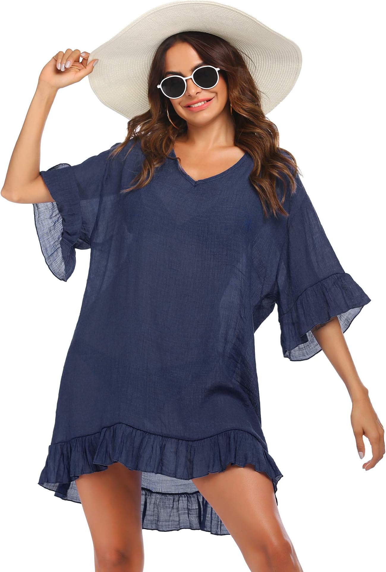 EkouaerWomens Swimsuit Coverup V Neck Bathing Suit Beach Dress Sexy Ruffle Sleeves Bikini Cover Up Loose Top XS-3XL