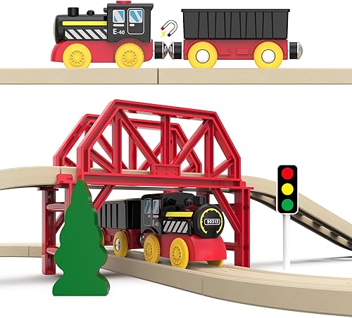 Miniatura 2 de Joy Forest - Juego de 41 pistas de madera con tren eléctrico para niños pequeños y preescolares de 3 años en adelante, motor ferroviario motorizado,
