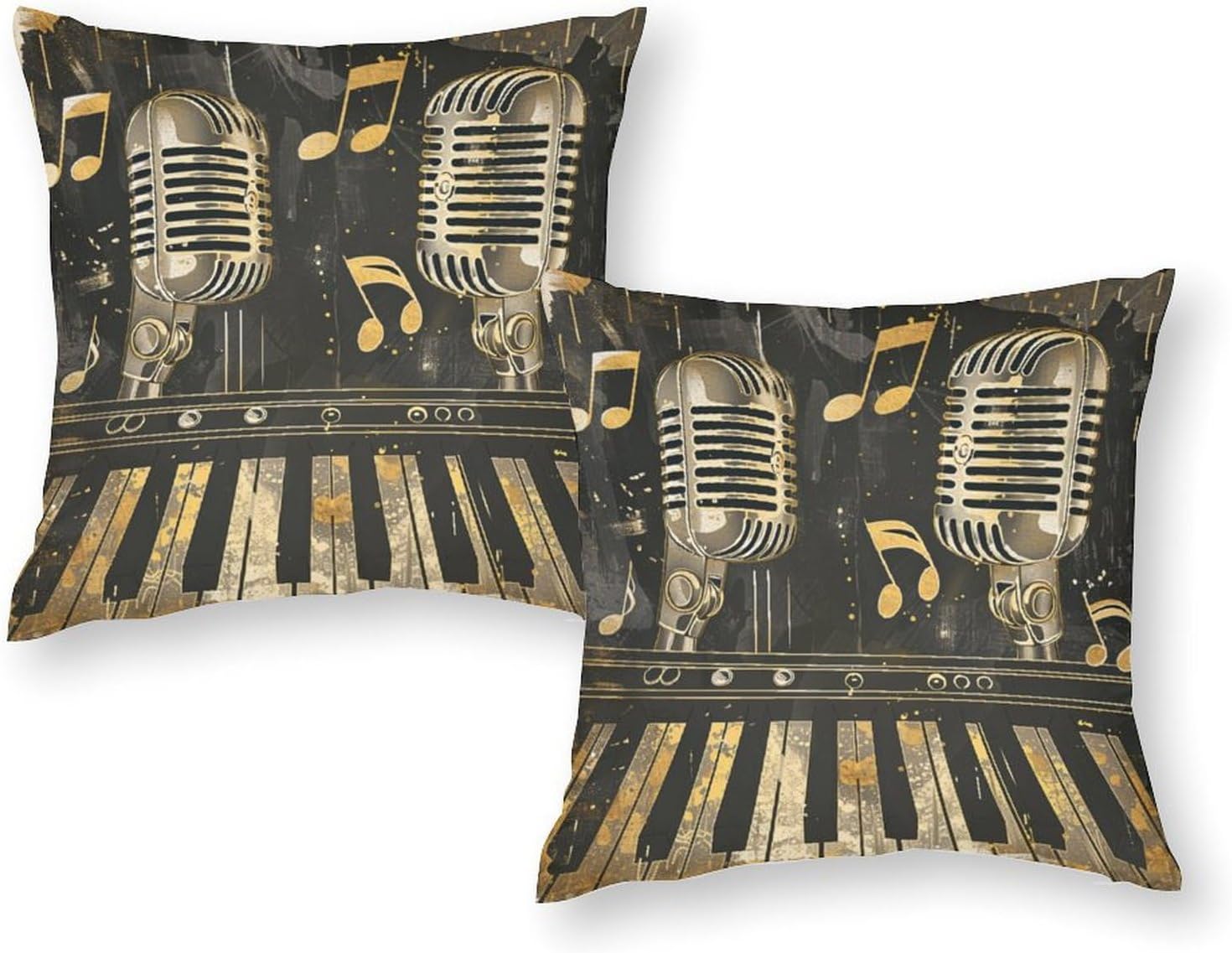 2 Packs Retro Classic Microphone Throw Pillow Covers for Living Room, Music Notes Piano Keys Pillow Covers Cushion Case for Couch Sofa Bed, 20x20 inch