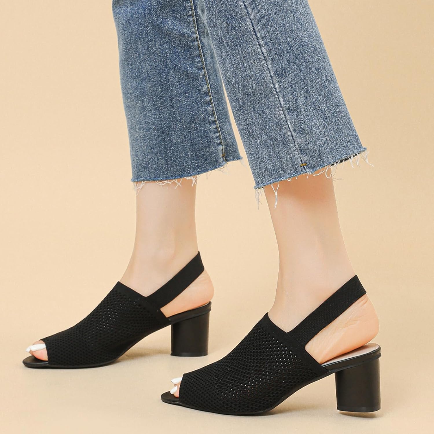 Women's Knit Peep Toe Slingback Chunky Heeled Sandals with Ankle Strap Fashion Open Pointed Toe Cut Out Slip On Backless High Heels Summer Casual Work Office Wedding Dressy Pumps - Image 7