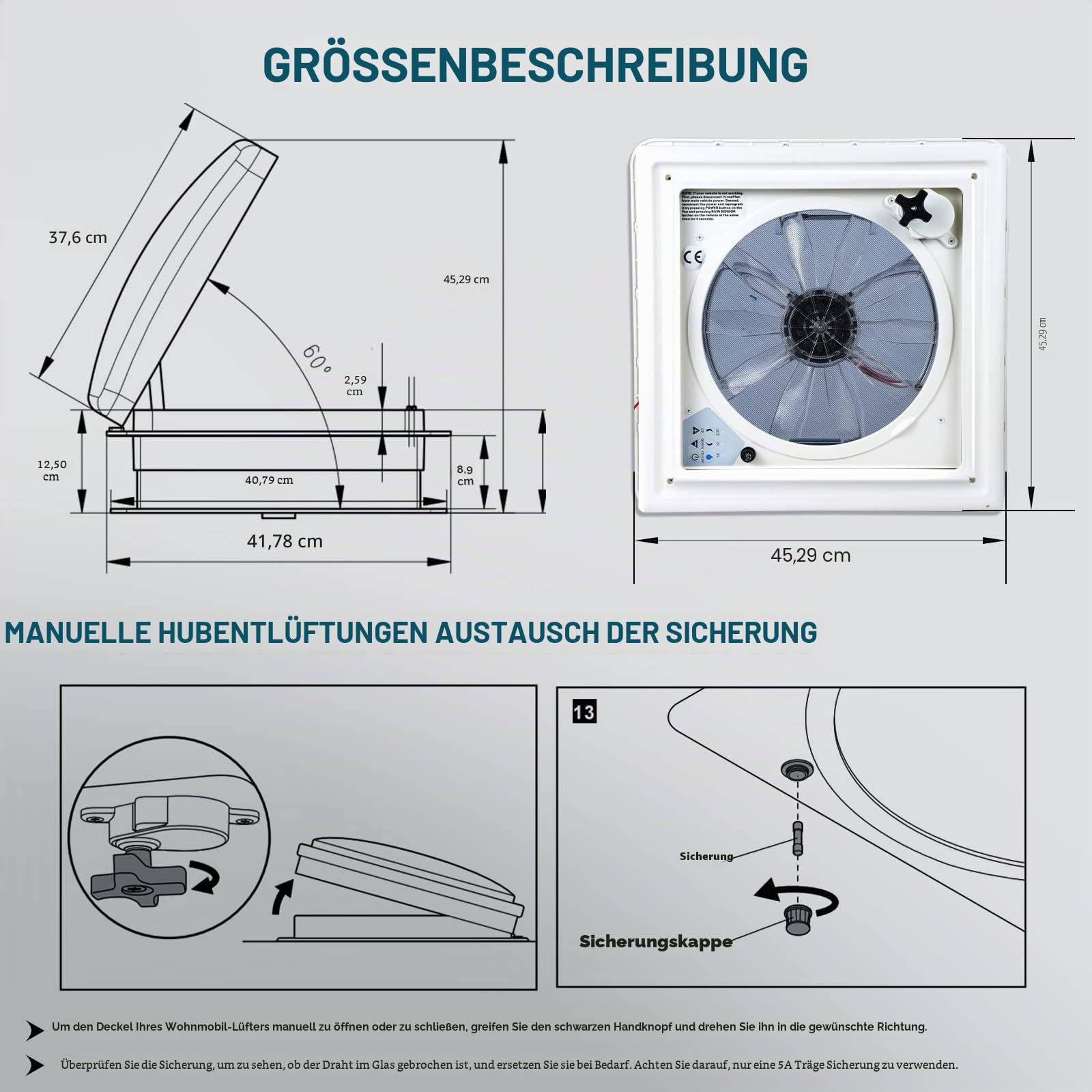 Brolteja Dachventilator für Wohnwagen, 12 V, mit Regensensor, Dachlüftung für Wohnmobile, Öffnungsgröße 40 x 40 cm, Remote-Geschwindigkeiten, reversibel