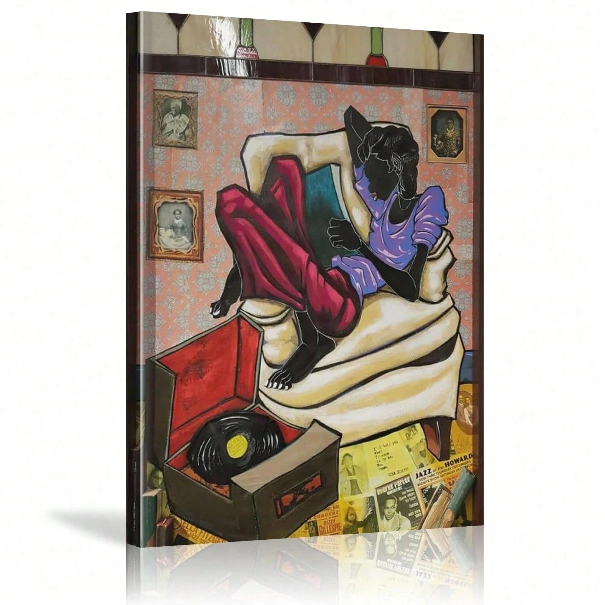 AIHNBF Jazz Murale da parete donna nera ascolta musica Soulvolle africana americana decorazione retrò giradischi stampa su tela per soggiorno sala musica arte unica 40 x 60 cm