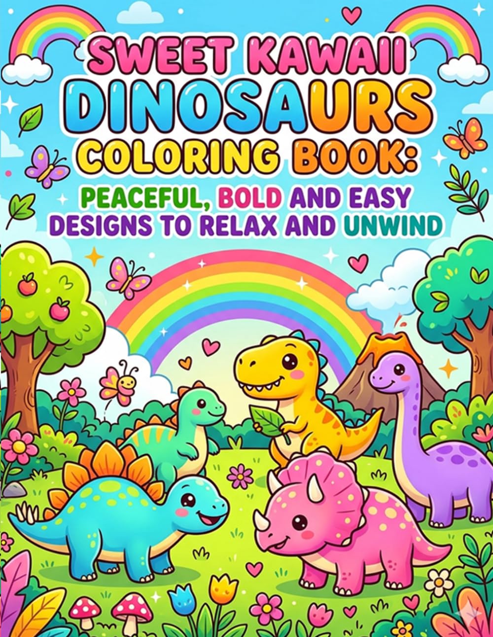 Sweet Kawaii Dinosaurs Coloring Book: Peaceful, Bold and Easy Designs to Relax and Unwind: Cute and Cozy Dinosaur Coloring Pages for Stress Relief Relaxation and Creative Fun for Kids Teens and Adults