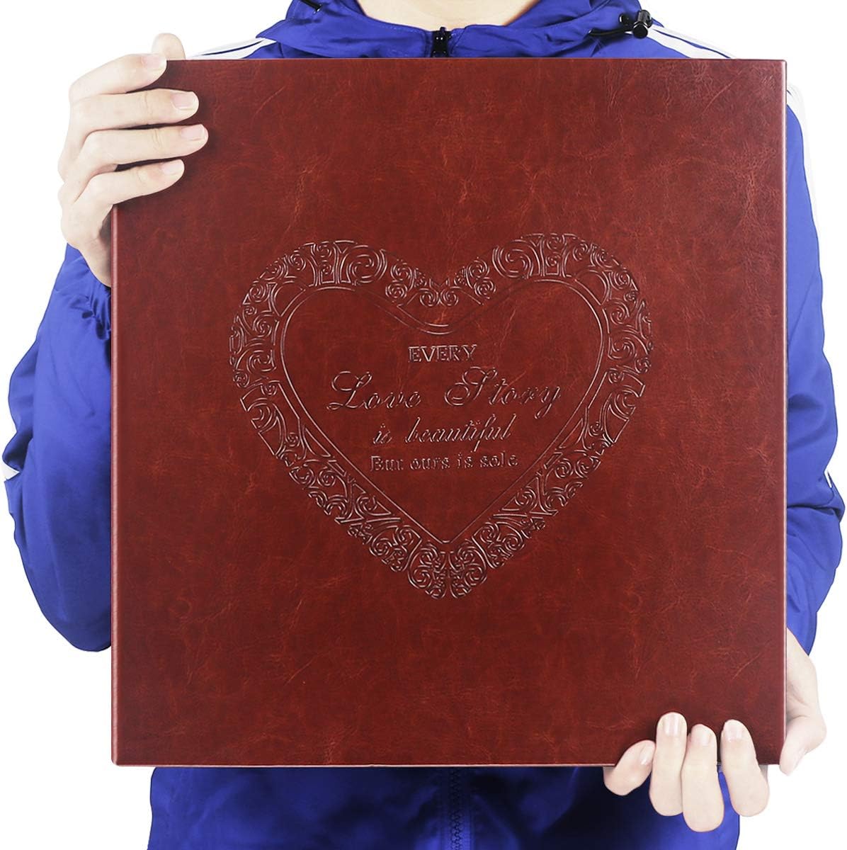 Magnetic Self-Stick Page Photo Album, LUNIQI Love Heart Shape Cover Family Album, Leather Cover, Hand Made DIY Albums Holds 3X5, 4X6, 5X7, 6X8,8X10 Photos (Red Brown)