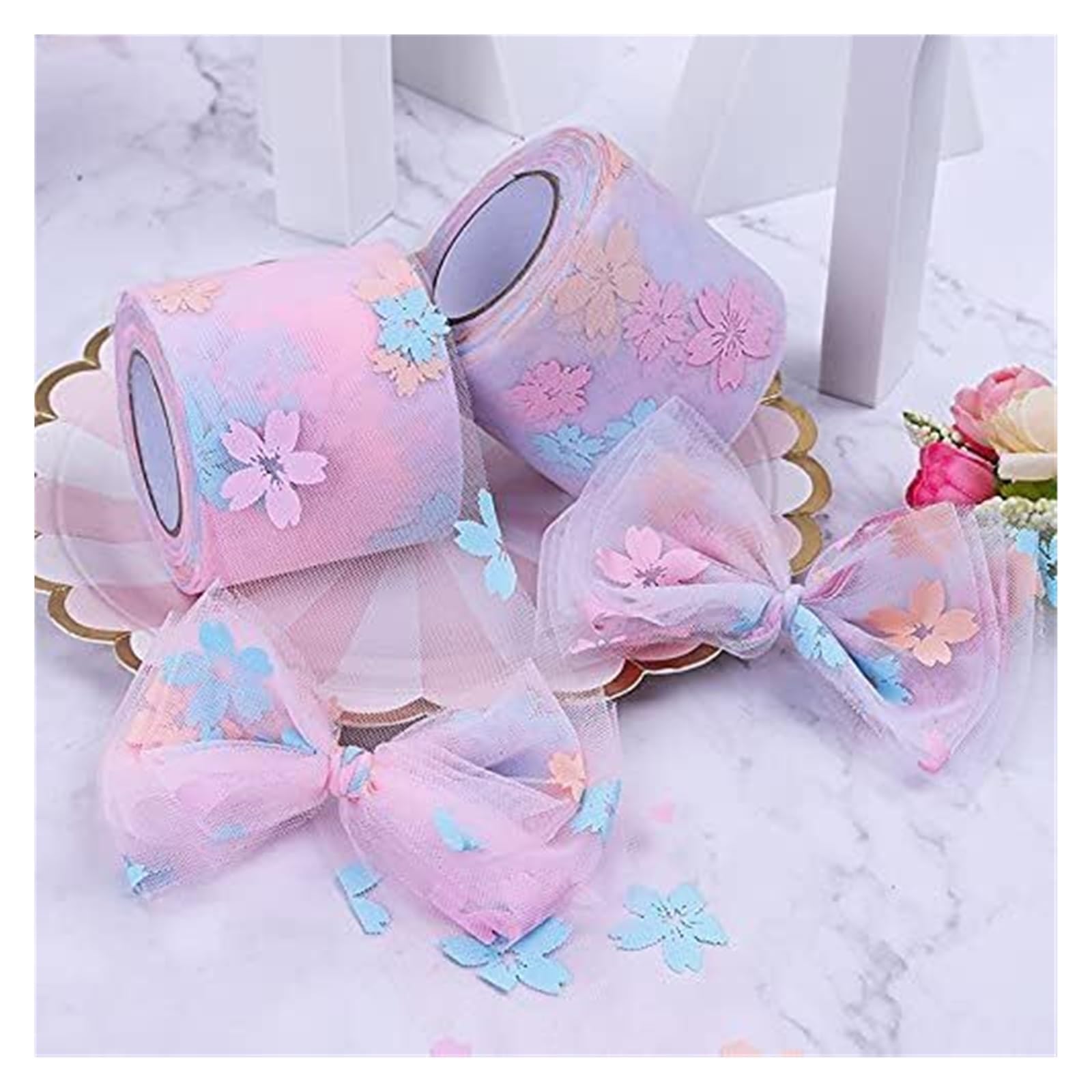 rolki wstążek z organzy, Wstążka do pakowania prezentów z organzy 25 jardów 3/4 cala Kwiatowy nadruk Multicolor DIY Craft(Pink)