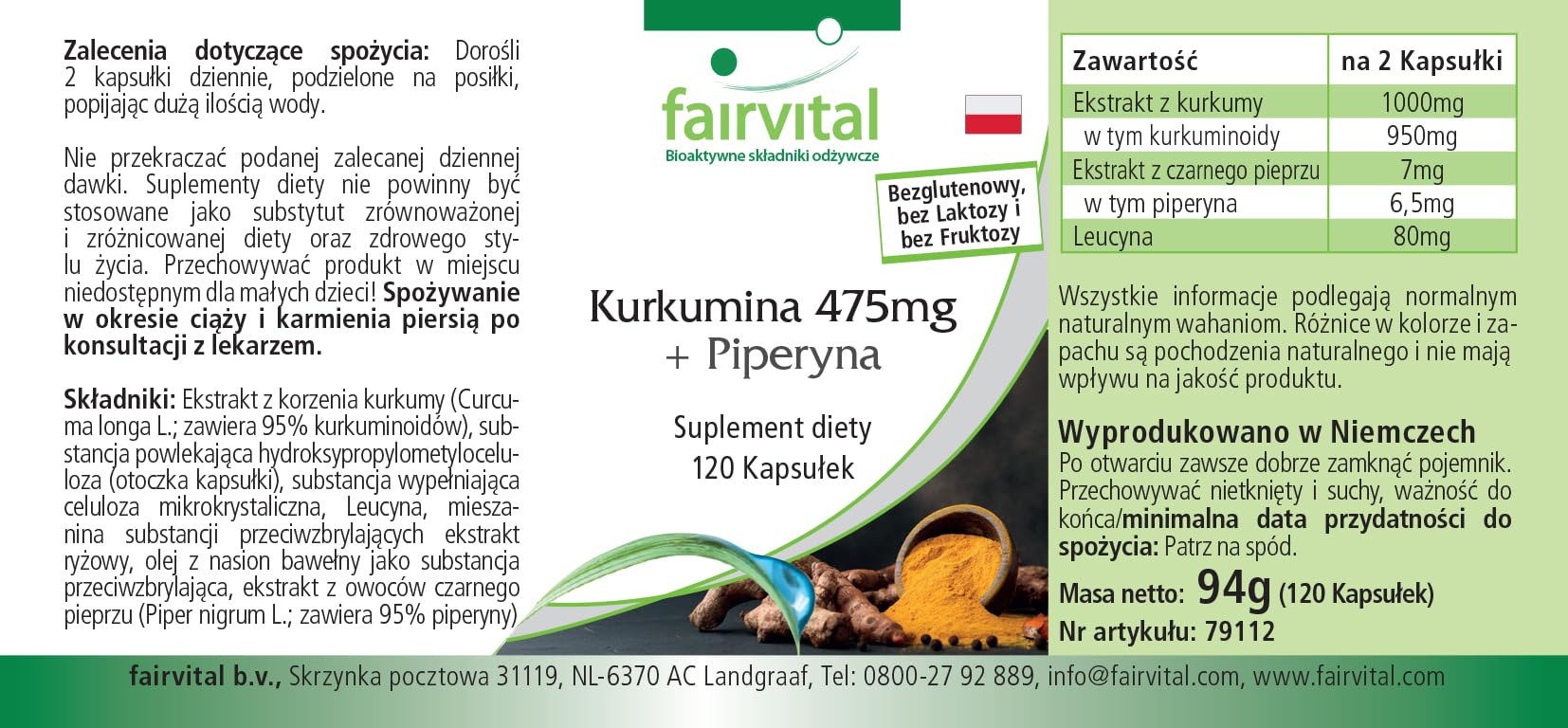 fairvital Gélules de curcuma, 500mg d'extrait de curcuma par gélule, 120 gélules, HAUTEMENT DOSÉES, curcumine 95% avec biopérine (pipérine)