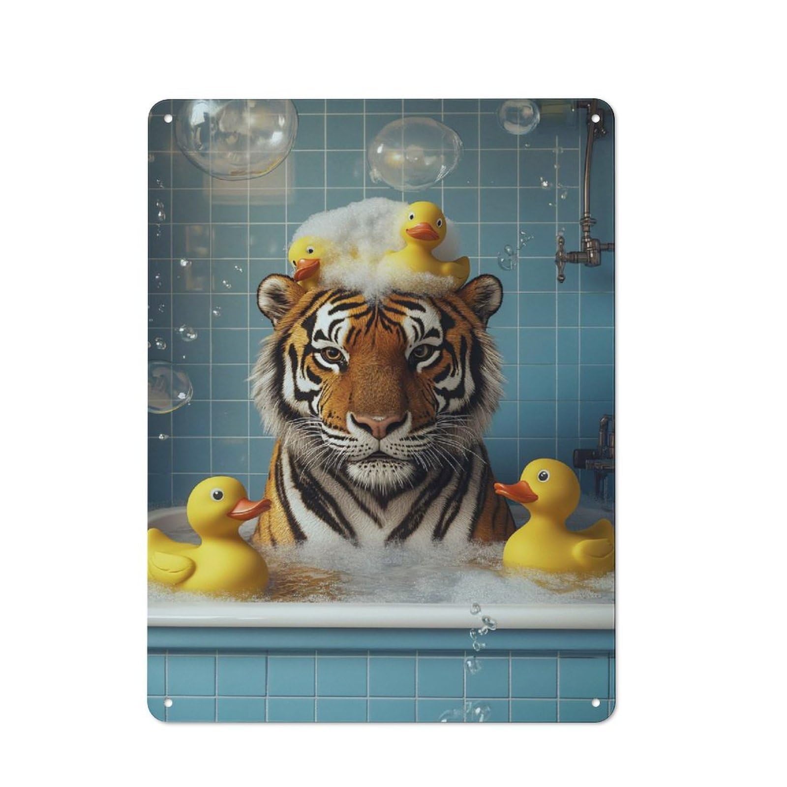 Junmoney Style-7 Tiger In Bathtub With Rubber Ducks Retro Tin Wall Plaque 40X30cm For Home Office Or Studio, For Cooler-Month Interiors With Retro Character