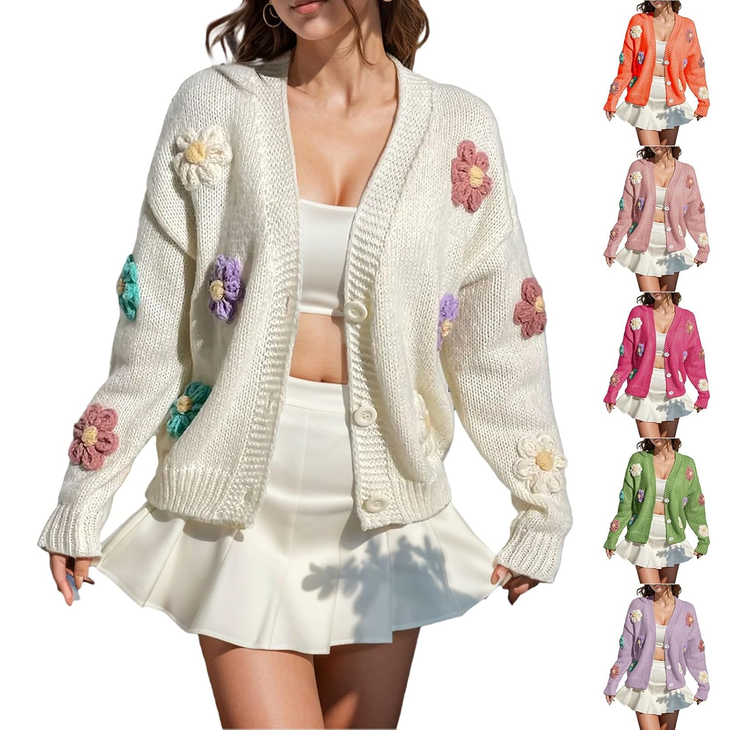Floral Cardigan for Women Cute Sweaters Y2K Long Sleeve Open Front Knit Cardigan Button Down Knitted Clothes