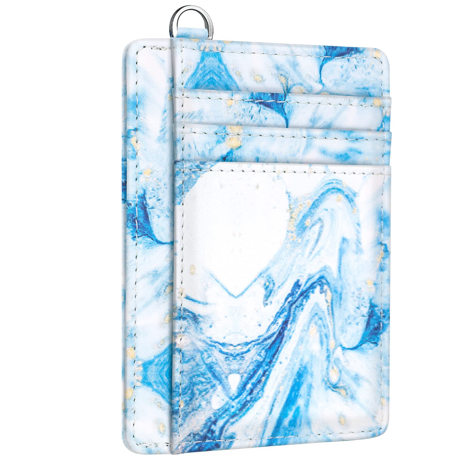Coco Rossi Slim Front Pocket Wallet RFID Blocking Minimalist Credit Card Holder Wallet with D-Shackle for Women,Blue Marble