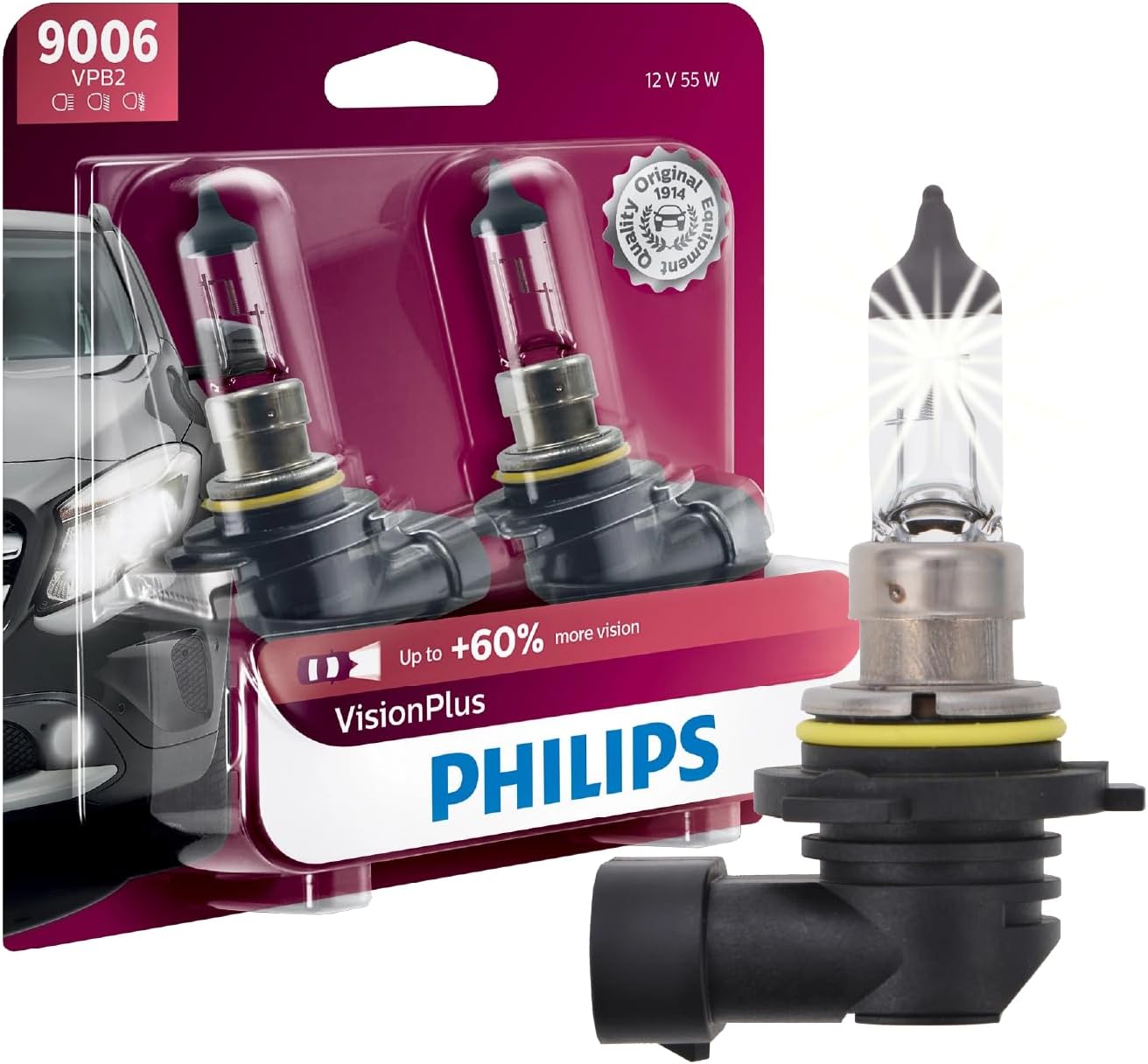 Philips 9006 VisionPlus Upgrade Headlight Bulb with up to 60% More Vision, 2 Pack
