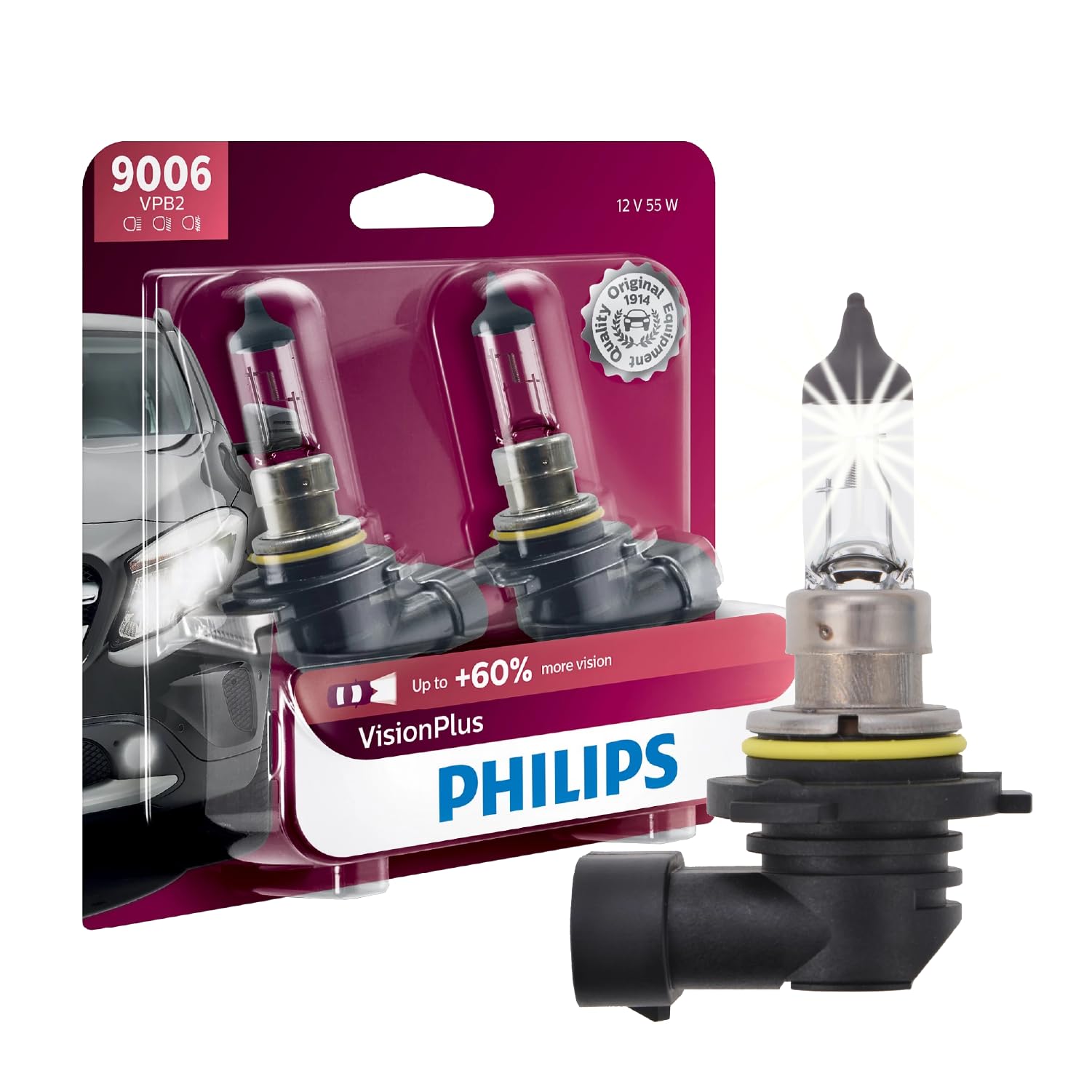 Philips Automotive Lighting 9006 VisionPlus Deluxe Upgrade Automotive Replacement Headlight Bulb, Fits Select High Beam, Low Beam, or Fog Positions (Pack of 2)