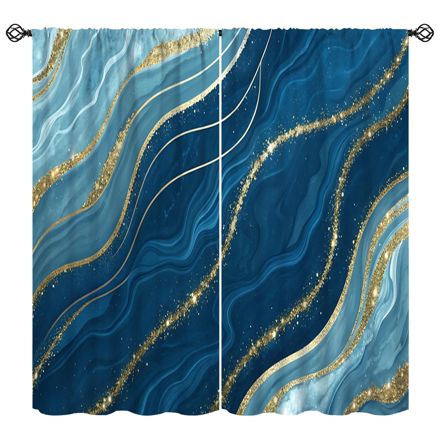 KANEPE Blue Marble Curtains, Luxurious Ocean Blue Marble Abstract Pattern Blackout Window Treatments, Rod Pocket Thermal Insulated Drapes 2 Panel Sets for Bedroom Living Room, 42