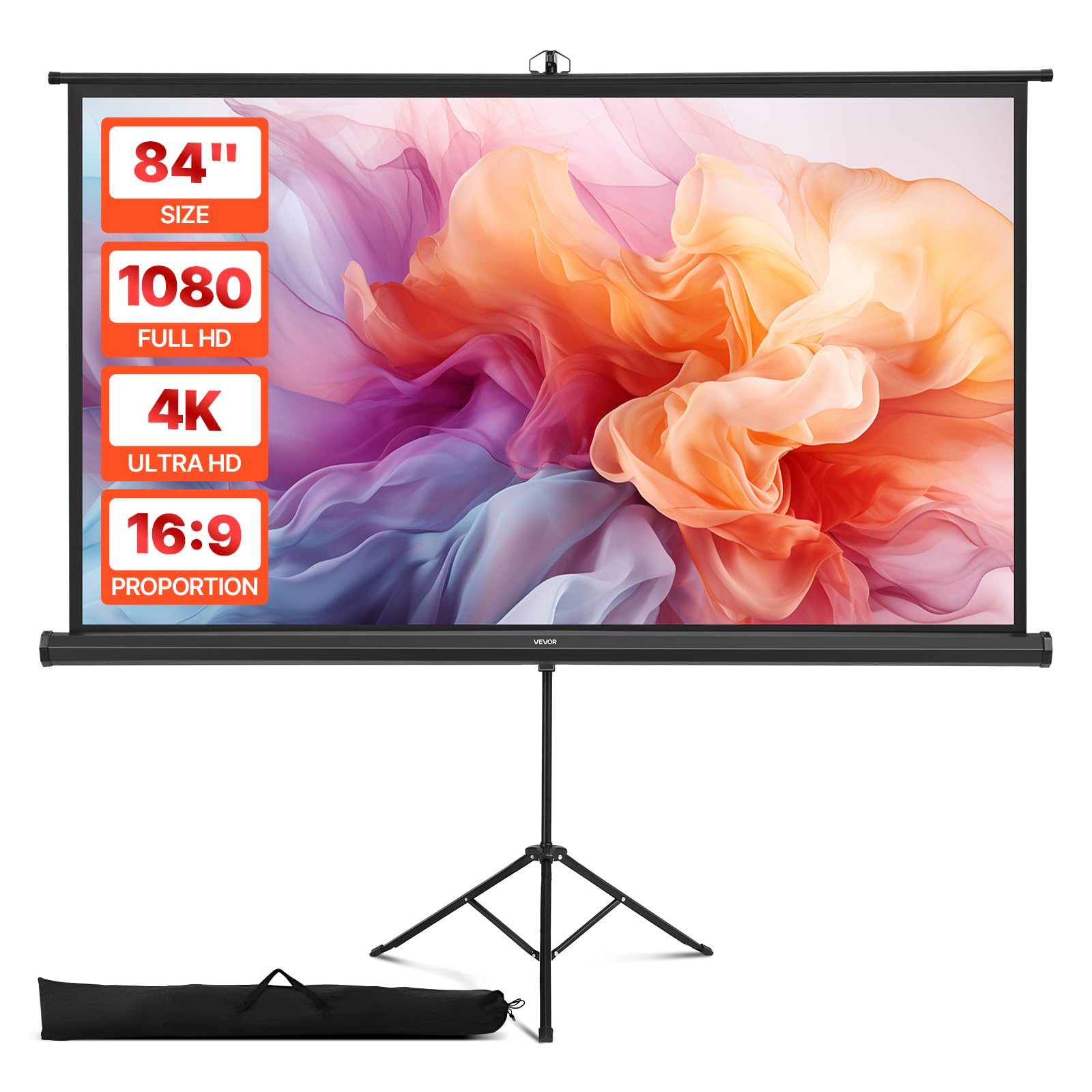 VEVOR Ekran projektora ze stojakiem, szeroki kąt 160°, ekran projekcyjny, 16:9 4K HD, bez zagnieceń, przenośny statyw z torbą do przenoszenia, do kina domowego, biura, prezentacji