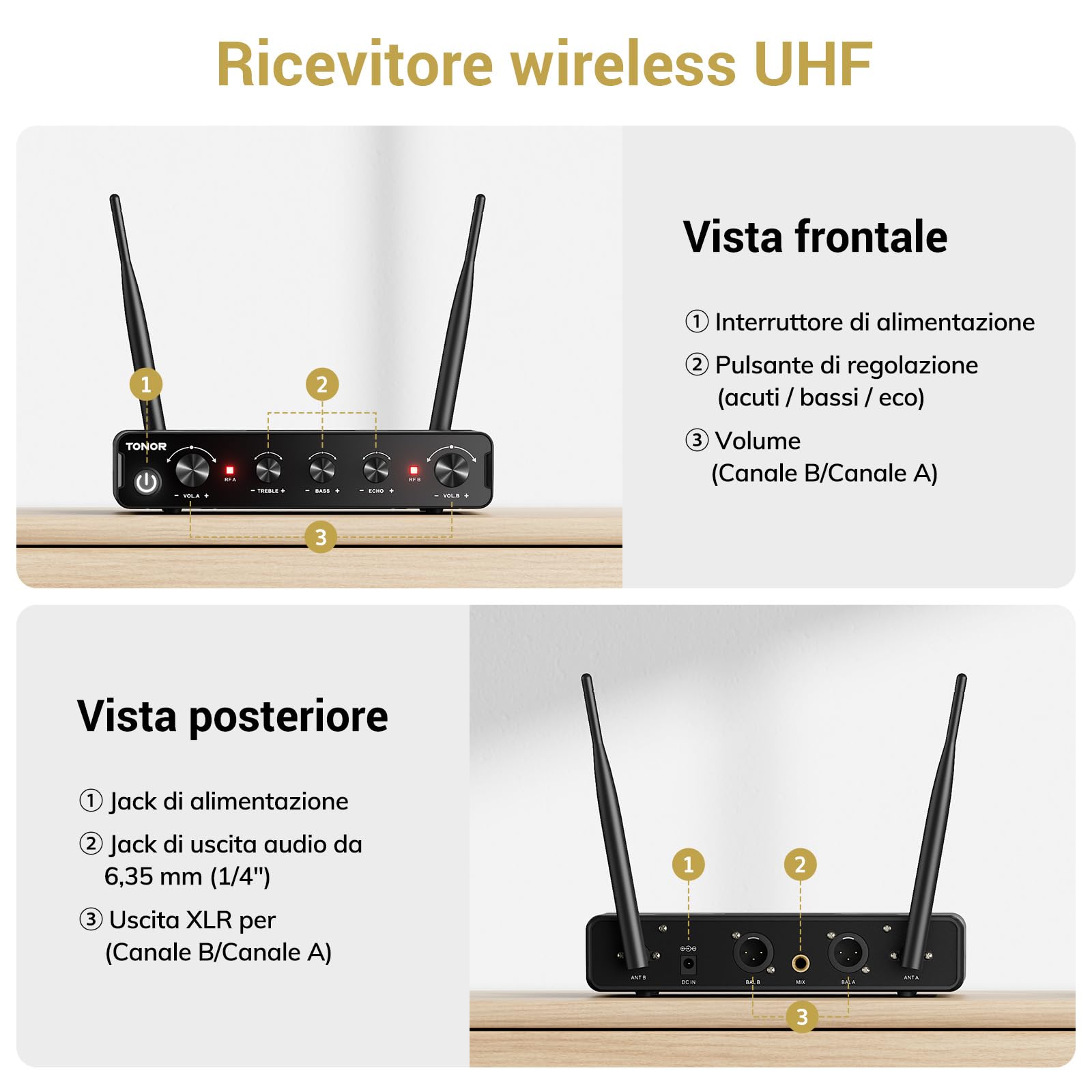TONOR Microfono Wireless Dinamico TW350, Sistema Microfoni UHF per Karaoke, 60M, Nero