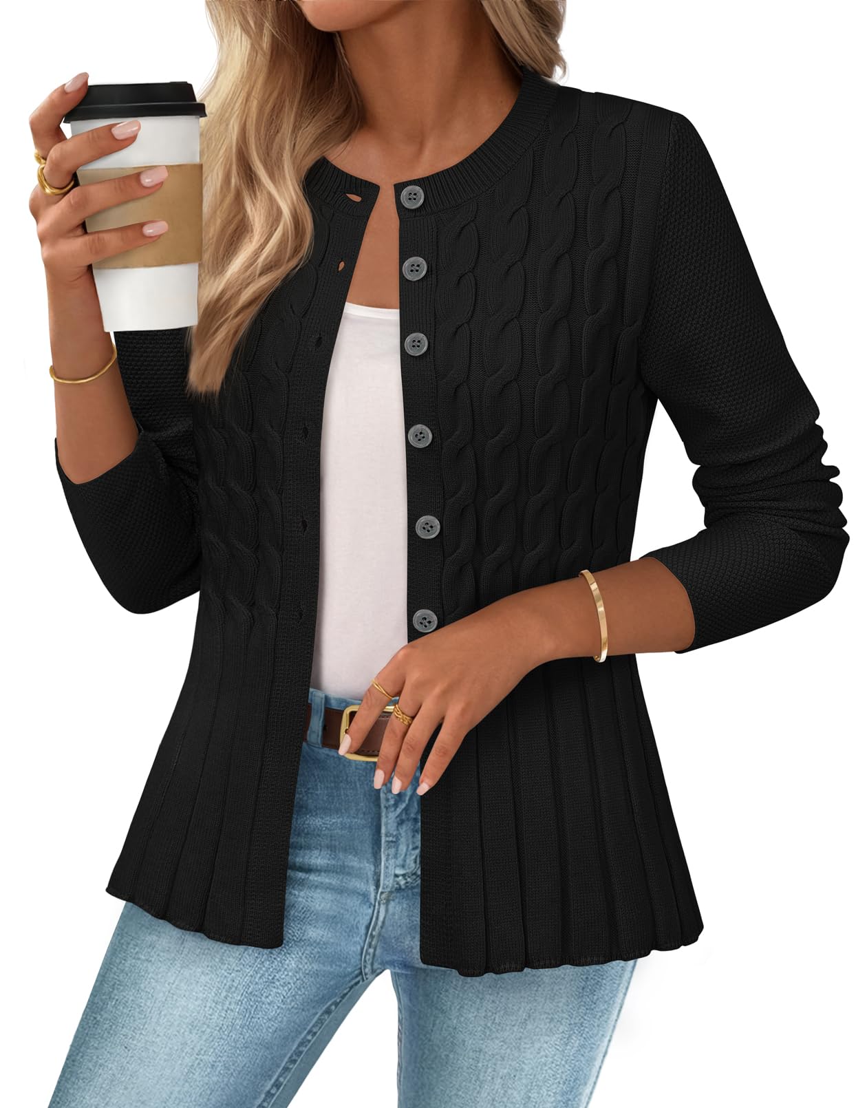 MEROKEETY Womens Cable Knit Peplum Cardigan Sweaters 2025 Trendy Fall Open Front Button Down Soft Knitted Coat