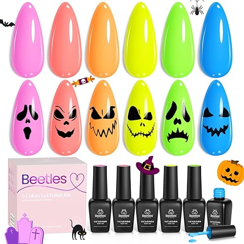 Beetles - Juego de esmalte de uñas de gel Neon Light de 6 colores en tonos rosa fuerte, azul, amarillo, verde, kit de manicura semipermanente, LED,