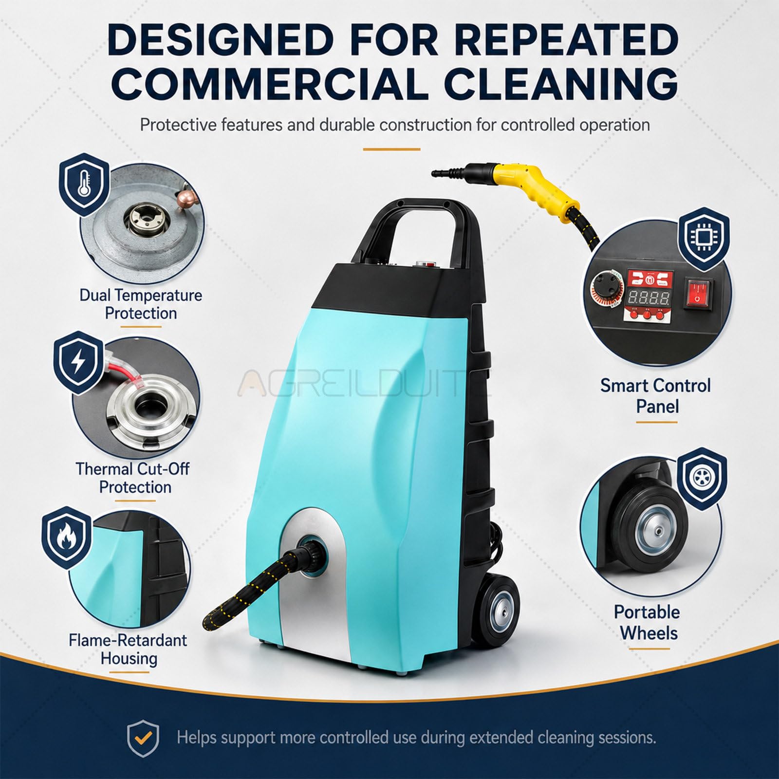 Pulitore a Vapore, 3000W, 4-5 Bar, Detailing Auto Blue | 3000W, vapore regolabile, tubo 2,5m | Auto, ruote, bocchette | Vapore forte per il detailing