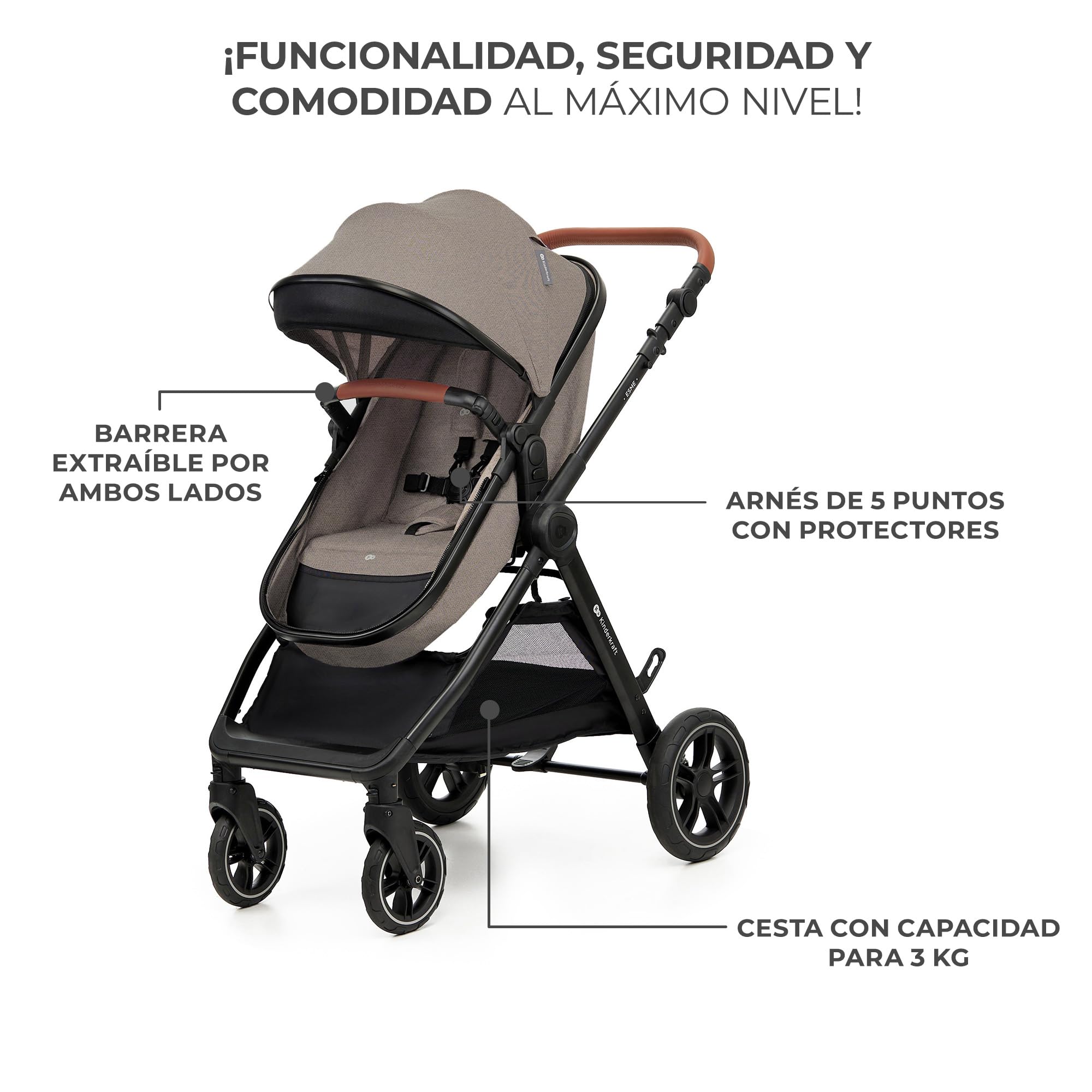 Kinderkraft ESME Carrito bebé 3 en 1 Set, con Portabebés Mink PRO I-Size, Sistema de Viaje, Cochecito para Bebé, Cochecito, Plegable, para Recién Nacido hasta 4 Años, Beige