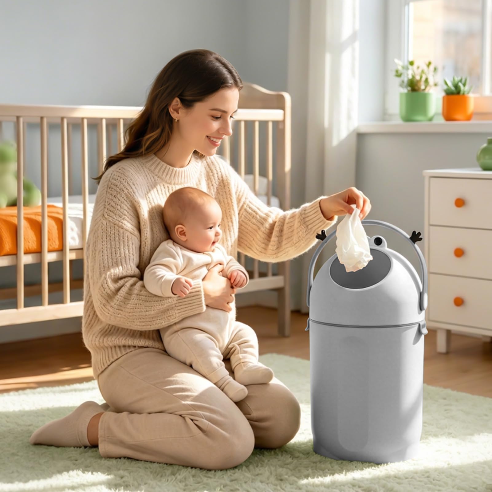 Windeleimer 15L, Geruchsdichter Mülleimer für Babywindeln, Mit Drehverschluss & Kindersicherung, Platzsparender Abfalleimer für Kinderzimmer Bad & Wohnzimmer, 55cm Hoch Grau