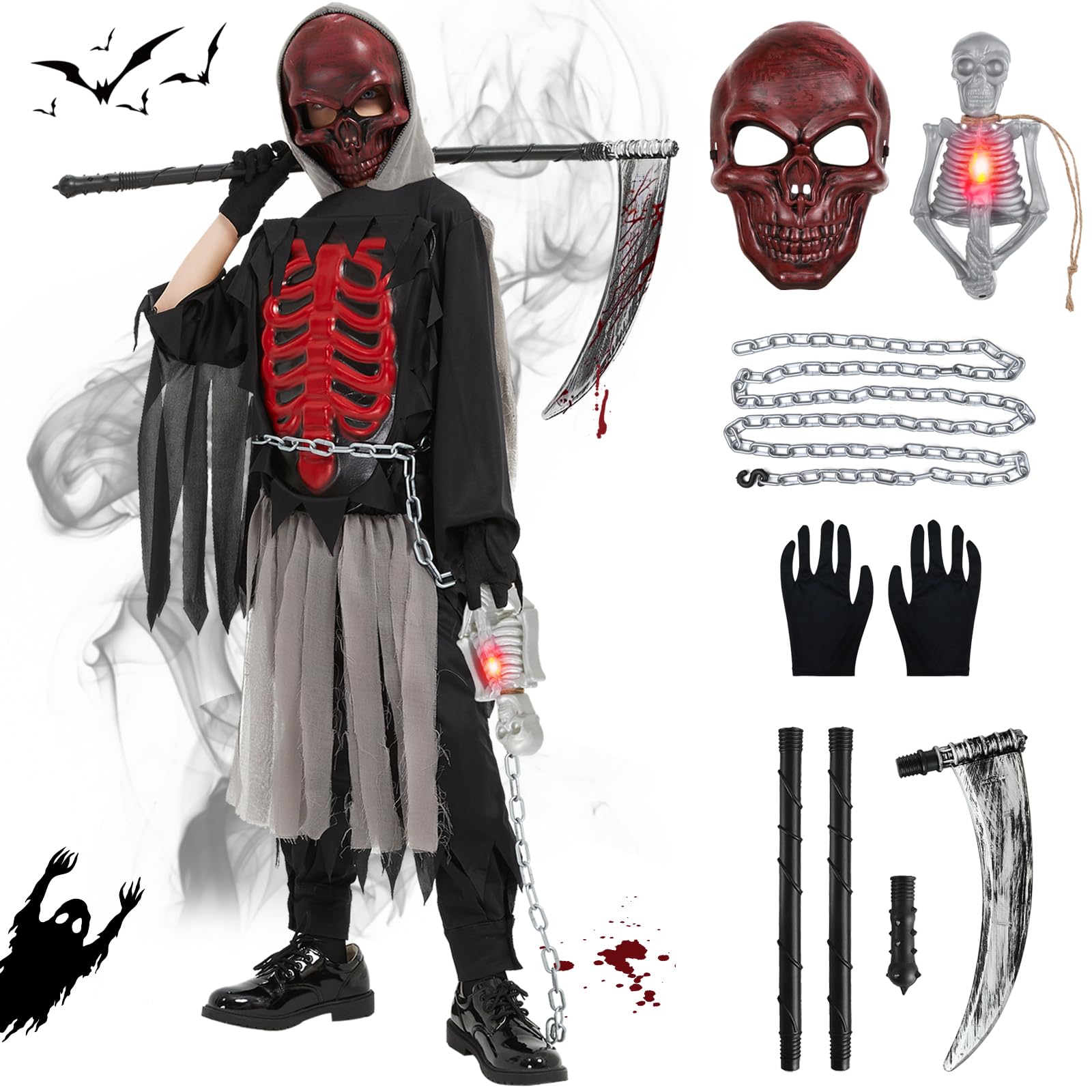 Child Death Costume, Reaper Costume for Children with Mask and Skull Lights, Gloves and Scythe, Skeleton Costume Child Waist Chain Carnival Party Halloween Cosplay